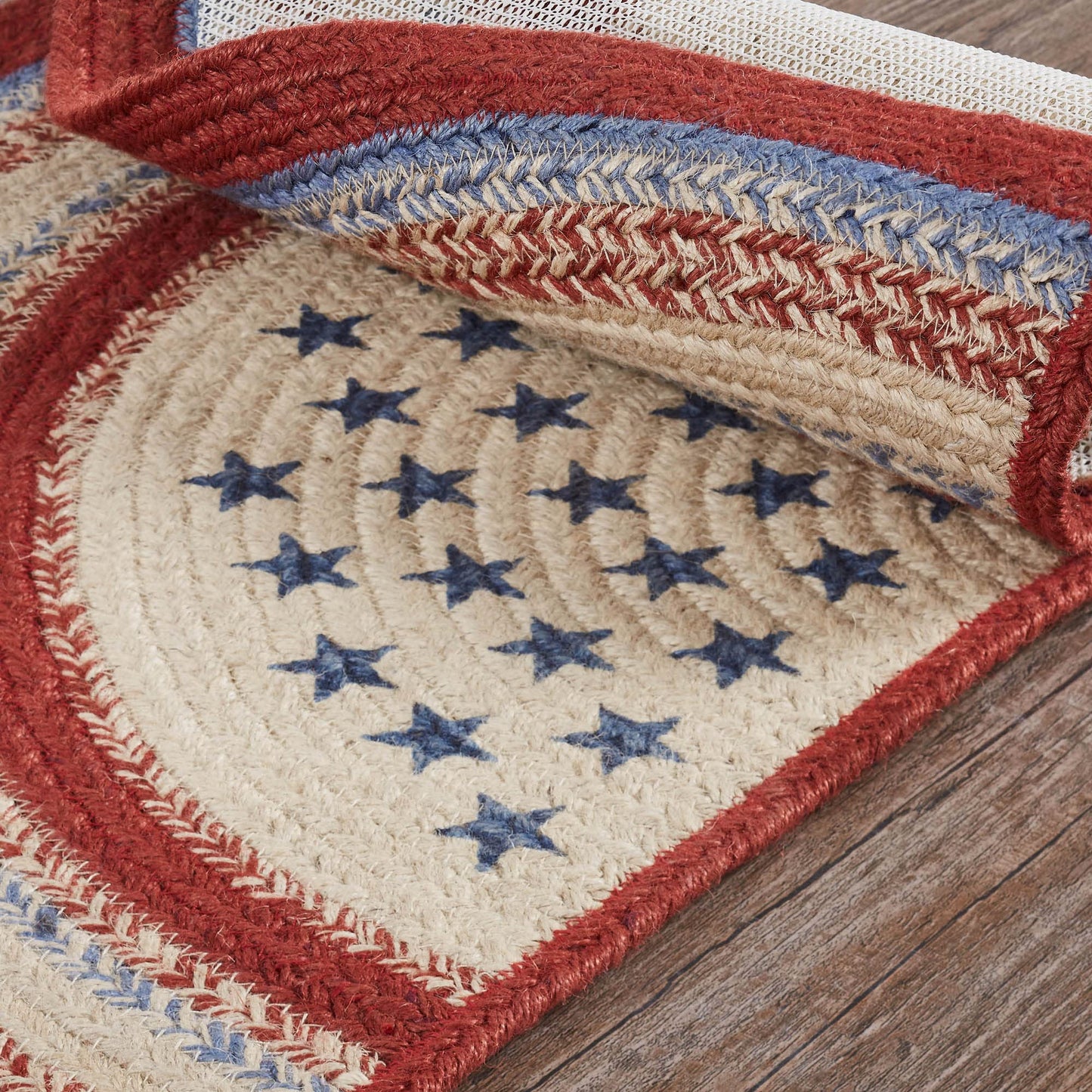 VHC Brands Celebration Braided Jute Rug, Non-Skid Pad, Half Circle Door Mat, Red Creme Blue, 16.5x33