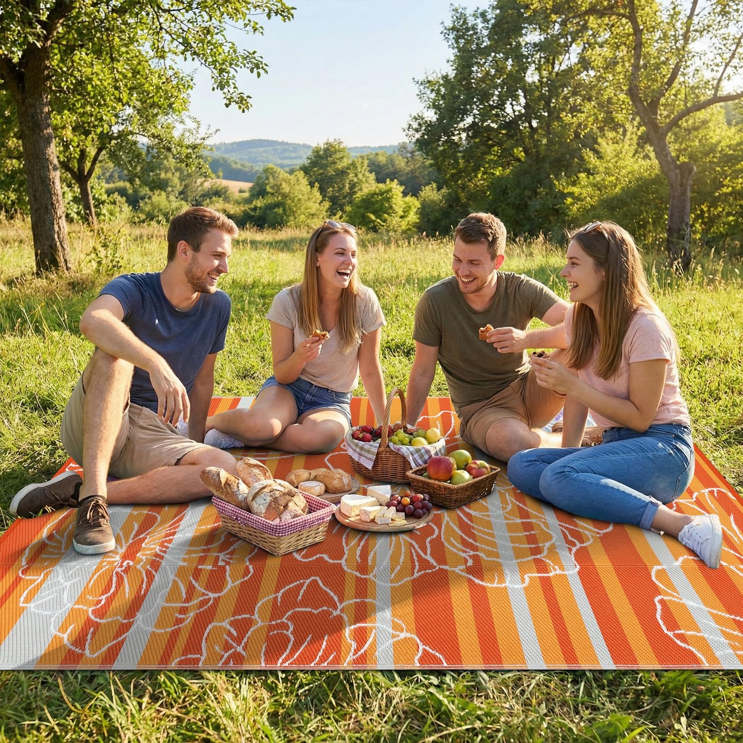 Garvee 5x8 Outdoor Waterproof Rug, Floral Outdoor Area Rug，Reversible Plastic Straw Patio Rug, Portable Camping Mat for RV, Picnic, Beach, Balcony, Garden & Camping Orange
