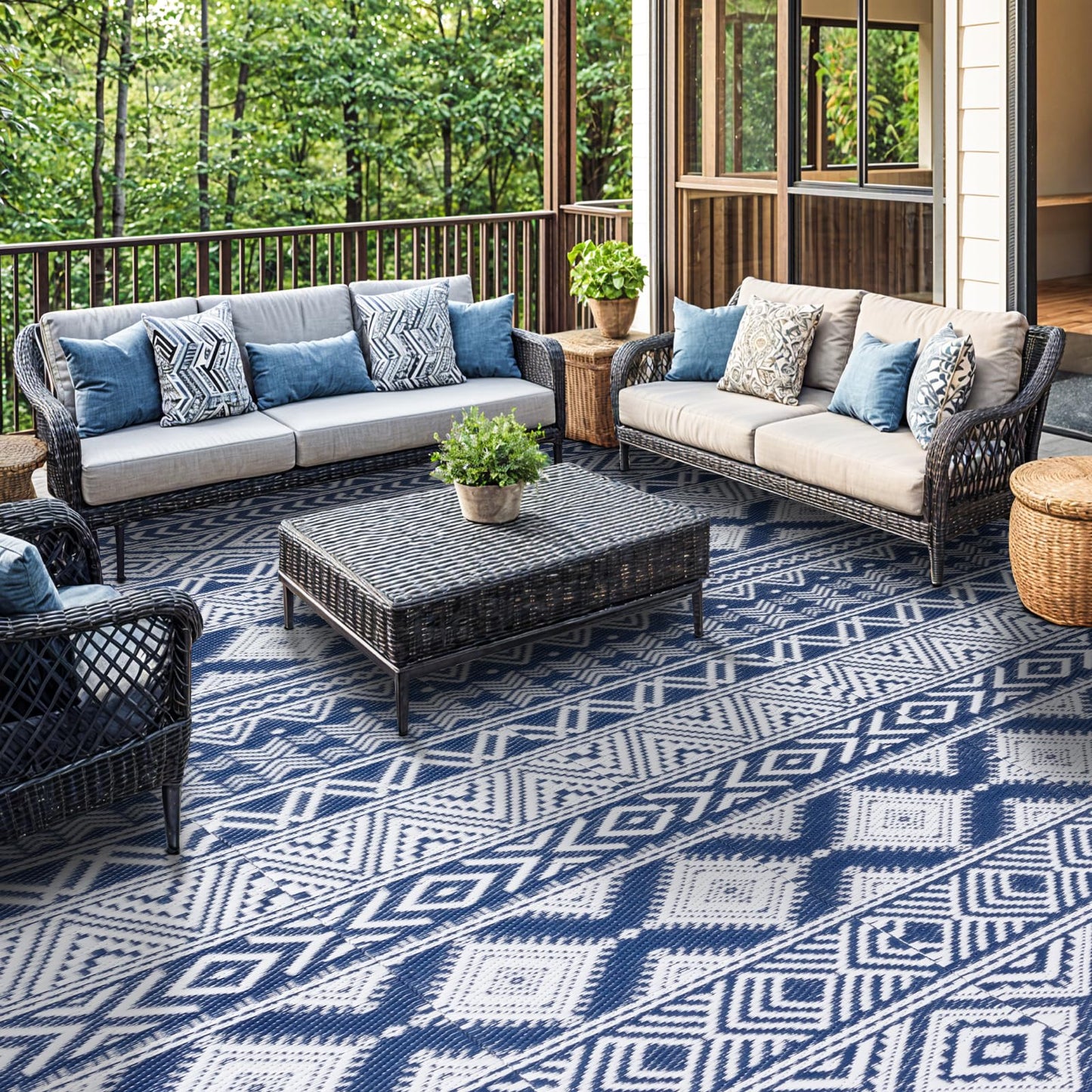 Waterproof Outdoor Rug 8x10 ft, Reversible Plastic Straw Patio Camping Rugs, Outdoor Indoor RV Mat Carpet for Patio, Outside Entry, Backyard, Deck, Bench, Picnic, Camper(8x10,Blue&White)