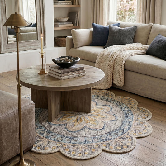 LR Home 6ft Scalloped Round Indoor Wool Area Rug for Home Decor | Rugs for Living Room, Bedroom, Playroom, Entryway, Office | Handmade Modern Farmhouse Boho Area Rug for Room Decor | Gray/Beige