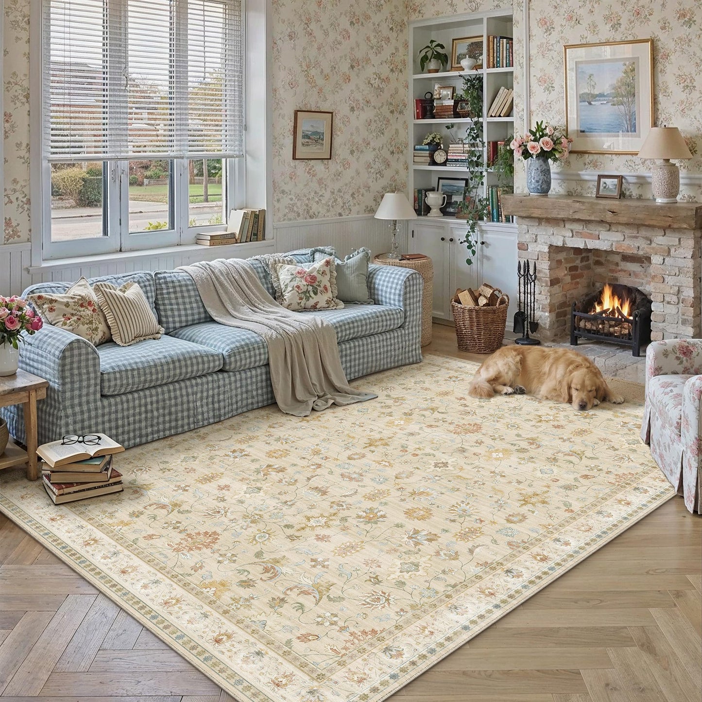 HUGEAR Area Rug 8x10 Vintage Beige Machine Washable Living Room Rugs Distressed Retro Floral Vacuumable Low Pile Carpet Bedroom Office Dining Farmhouse Playroom Non Slip