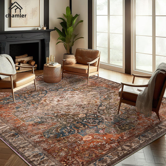 chamler 9x12 Washable Area Rug Boho Chic Medallion Distressed Design Non-Shedding Easy Care Ideal for High Traffic Areas in Rug for Living Room Bedroom Office Coffee Table Large Carpet