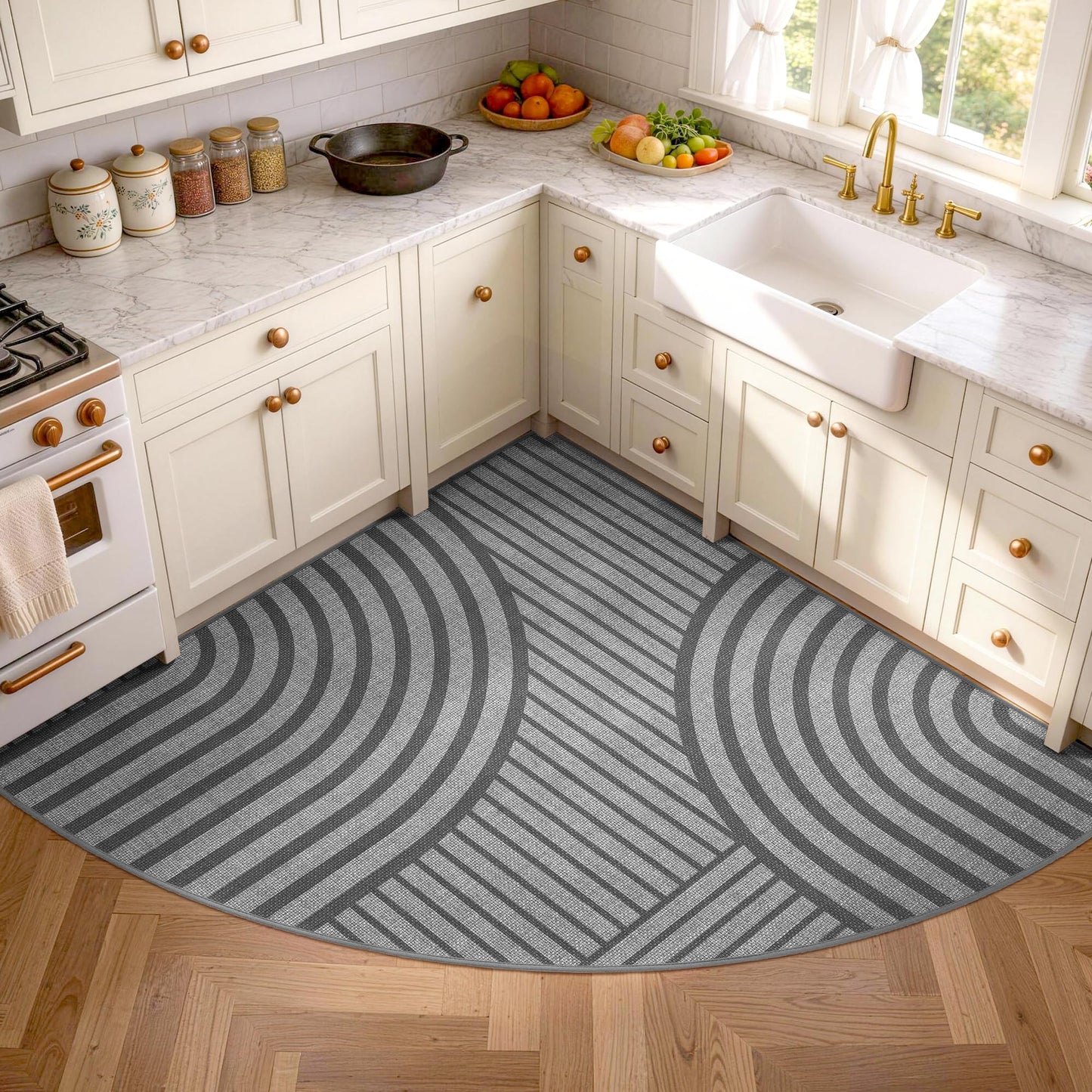 Carvapet Corner Kitchen Rug for Sink Area, Non Slip Washable Absorbent Sector Floor Mat with Rubber Backing, Imitation Linen Braided Kitchen Carpet, Radius 47", Grey