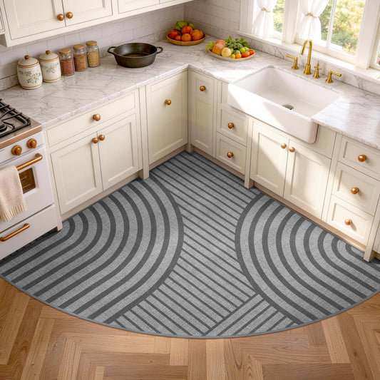 Carvapet Corner Kitchen Rug for Sink Area, Non Slip Washable Absorbent Sector Floor Mat with Rubber Backing, Imitation Linen Braided Kitchen Carpet, Radius 47", Grey