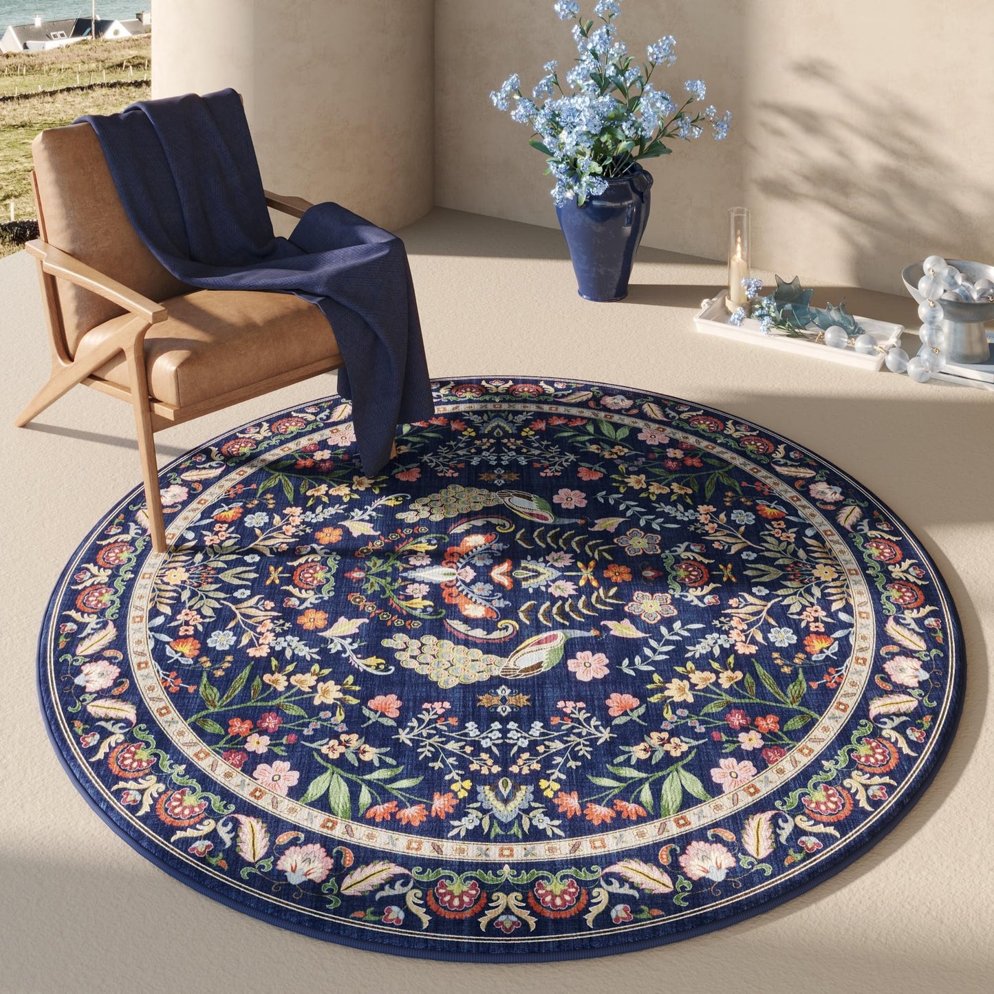 Rugcomf Round Rug 4ft Washable Circle Rug Floral Non Slip Low Pile Small Circular Rug for Bedroom, Bathroom, Entryway, Kids Room, Office(Blue)