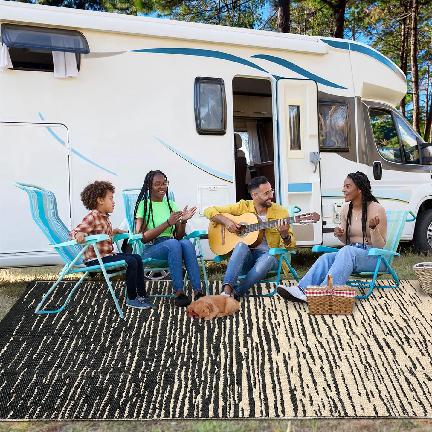COZYLOOM Striped 5x8 RV Outdoor Rug Waterproof, Modern Outdoor Plastic Straw Rug, Foldable Lightweight Reversible UV Resisatnt Rugs for Picnic Backyard Deck Balcony Porch Beach Camper, Black Coffee