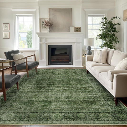 5x7 Green Washable Rug for Living Room Large Vintage Distressed Bedroom Rug Low Pile Non-Slip Soft Boho Carpets for Bedroom Dining Room Home Office Indoor Nursery