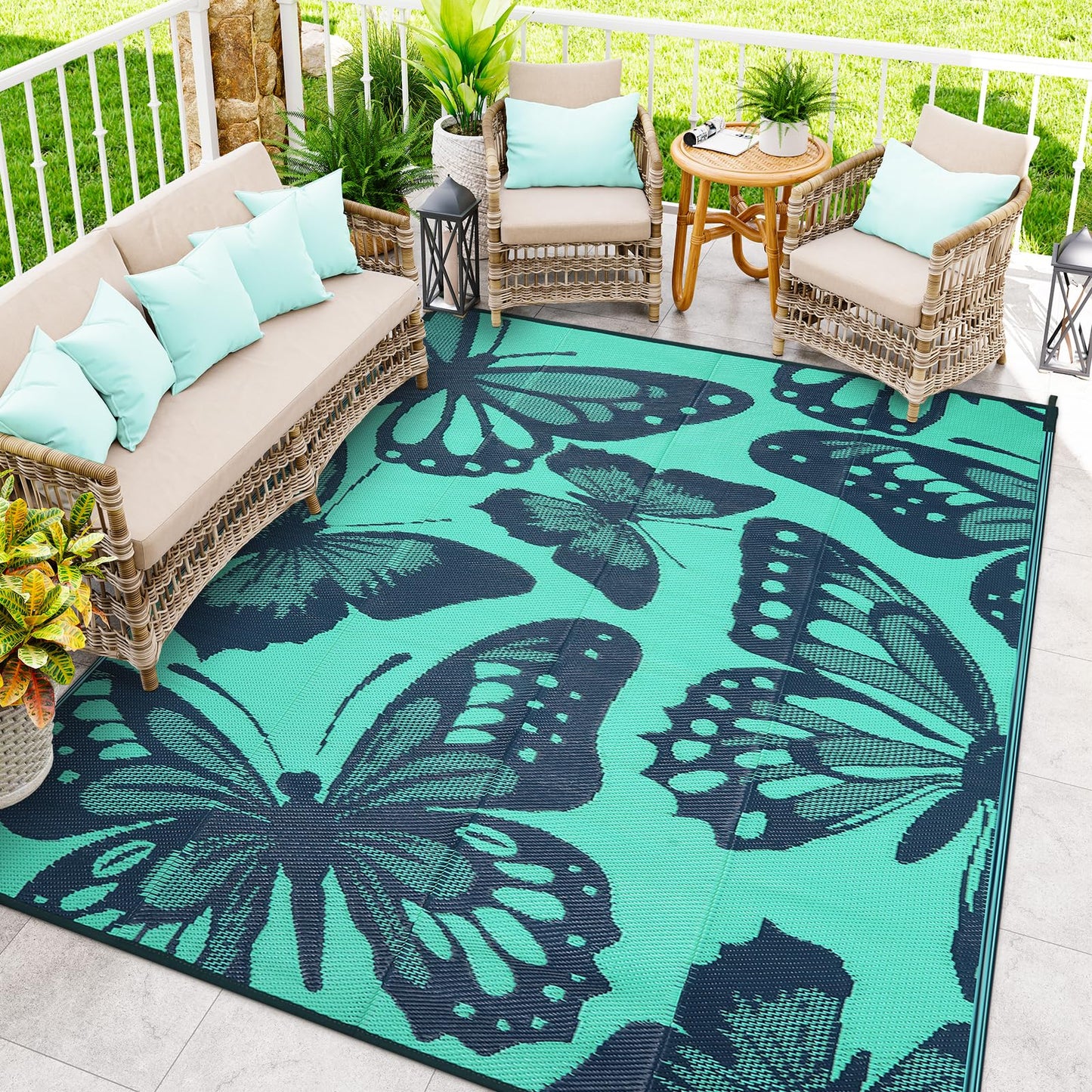 Uphome Outdoor Rug Waterproof 8x10 ft, Patio Plastic Straw Rugs for RV Camping, Reversible Mat Outside, Indoor Outdoor Large Floor Carpet for Back Yard Deck Balcony Porch Beach Picnic, Teal