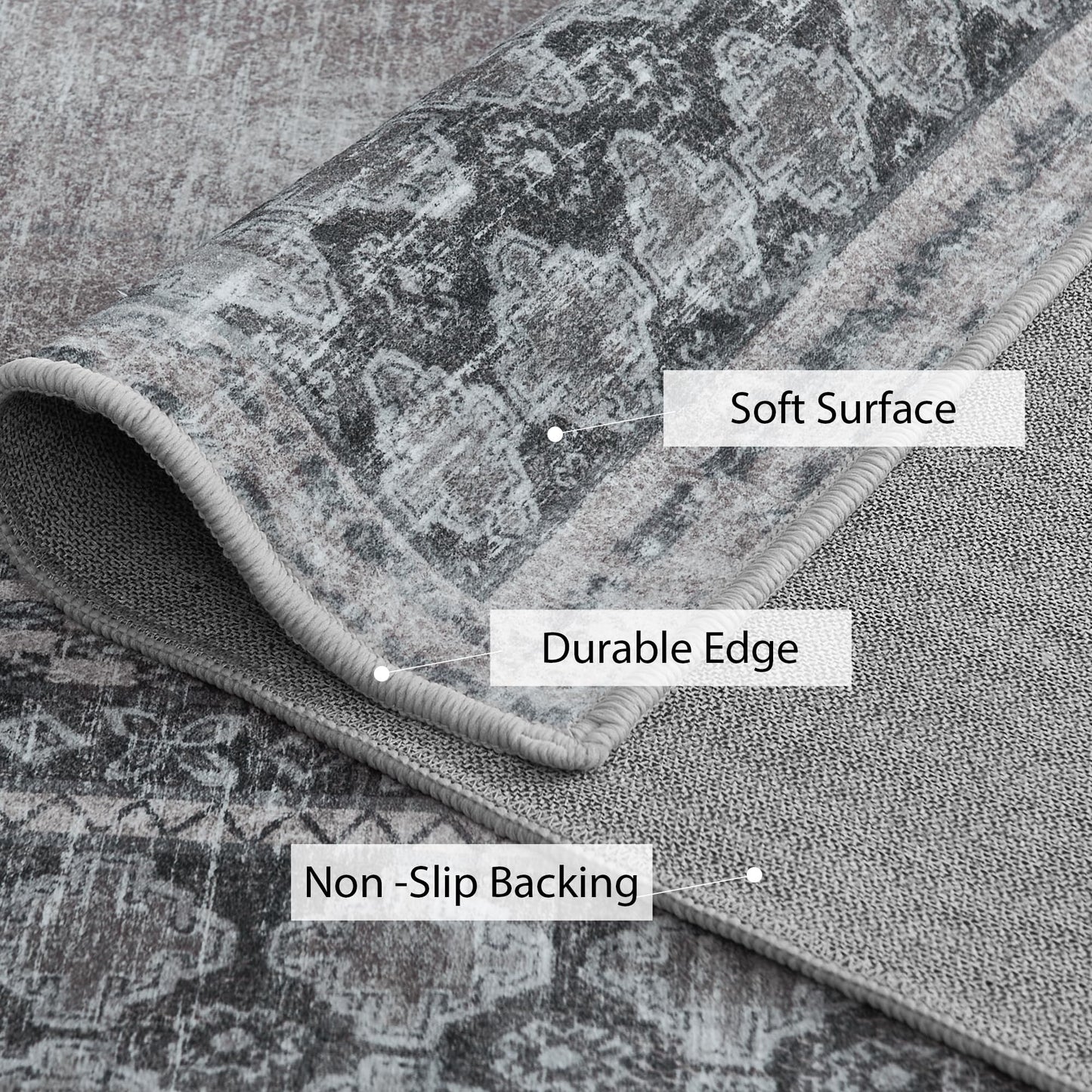 NICETOWN Living Room Rugs 5x8, Thin Washable Vintage Non-Slip Area Rugs for Bedroom, Durable Soft for Dining Room Living Room Laundry, Grey