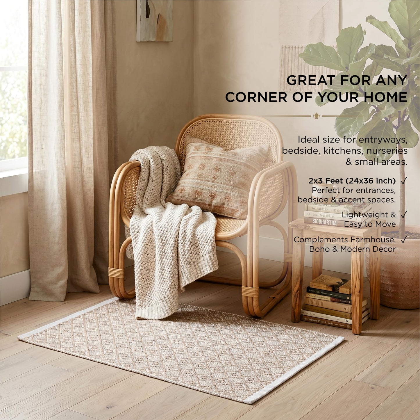 Cotton Diamond Woven Area Rug 2x3 Feet - Beige, Anti Slip Decorative Durable Boho Front Door Throw Mats Ideal for Entryway, Kitchen, Office | Teal Farmhouse Indoor Daily Use Patio Rugs for Bedroom