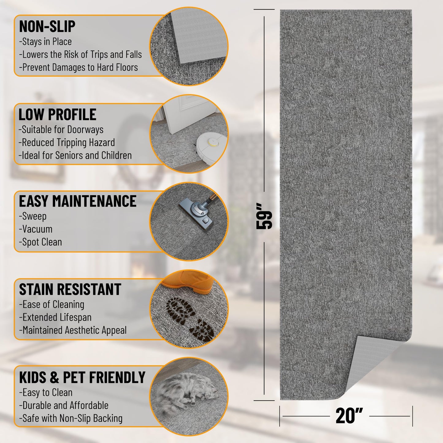 Ottomanson Door Mat Indoor Entryway Runner Rug – Non-Slip Durable Low-Pile Runner with Stain-Resistant Surface, 20" x 59", Gray