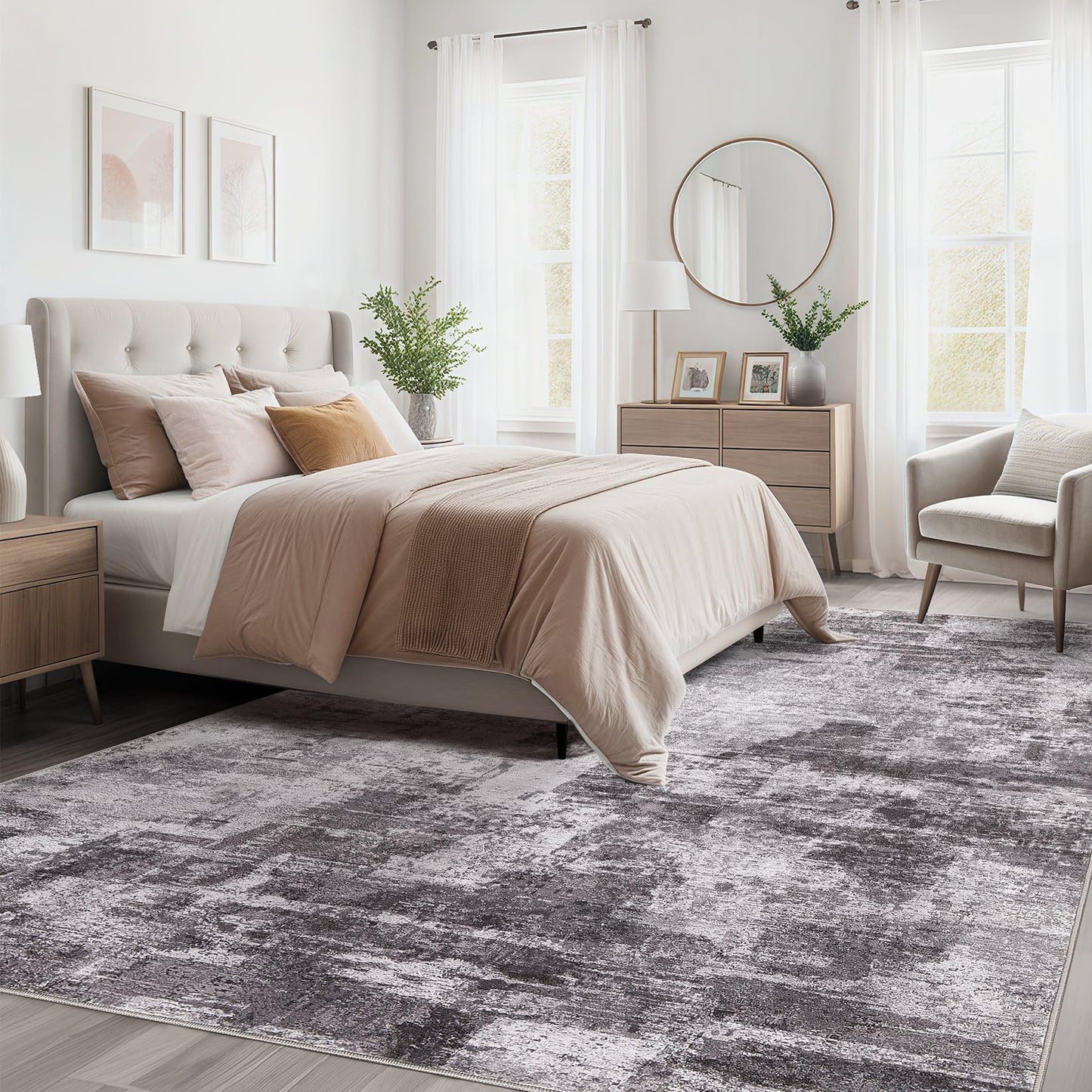 kakania 5x7 Washable Area Rug - Abstract Soft Non-Slip Modern Low-Pile Carpet for Living Room Bedroom Office Dorm, Kid Pet Safe Robot Vacuum Friendly - Grey