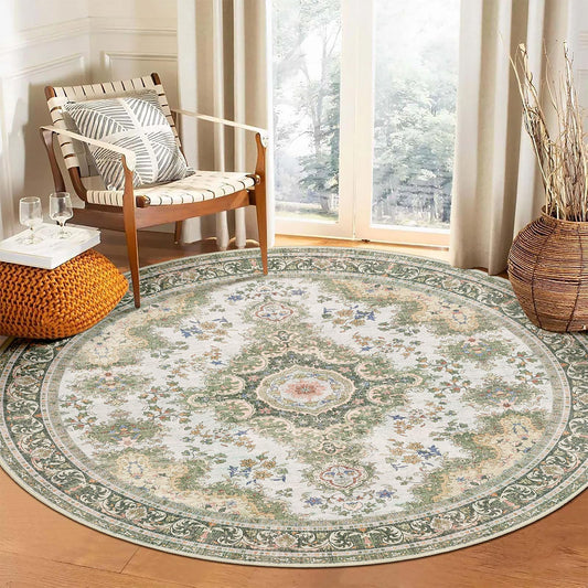 Castage Green Round Rug 6ft,Large Circle Area Rugs for Living Room Bedroom Dining Room,Washable Boho Vintage Bohemian Distressed Oriental Floral Carpet Non Slip,Sage Floral