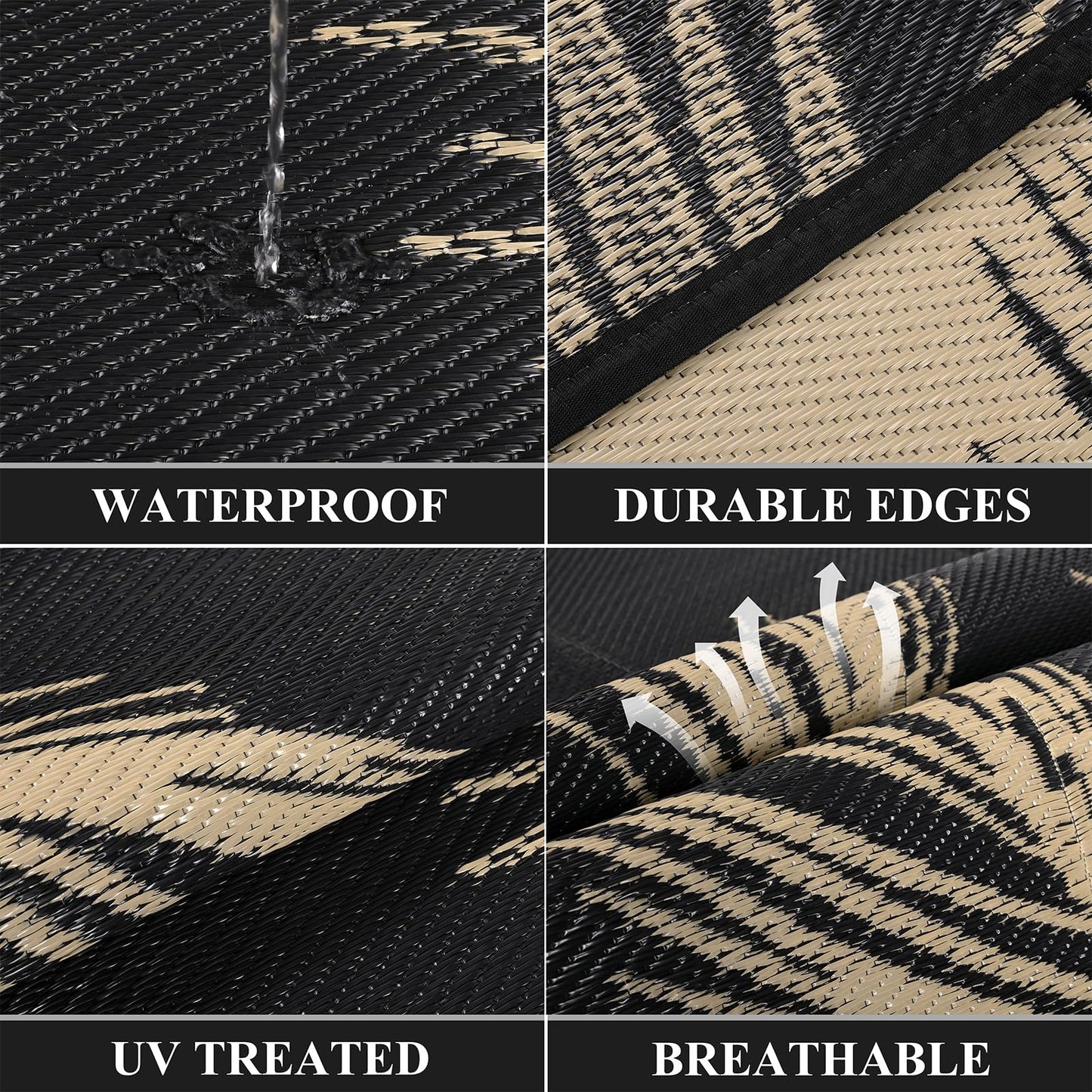 Pauwer Waterproof Outdoor Rug 6x9, Reversible Plastic Straw Patio Camping Rug, Indoor Outdoor RV Mat Carpet for Deck, Camper, Porch, Balcony, Backyard, Picnic, Leaf Black Brown