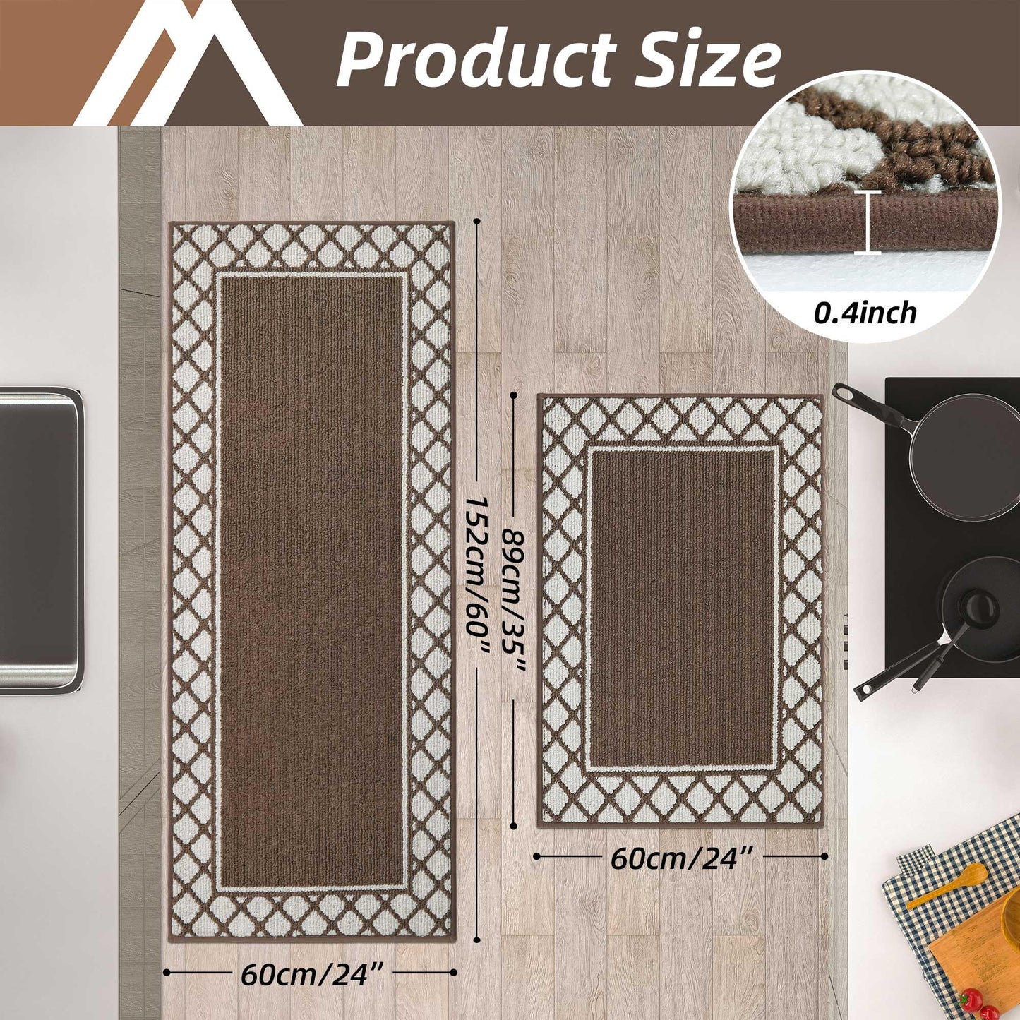 COSY HOMEER Washable Kitchen Rugs Sets of 2 Non-Slip Kitchen Mats,Browm