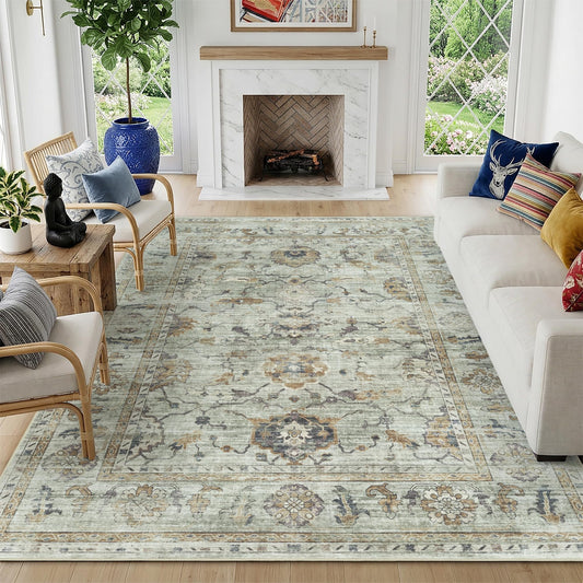 Washable Rugs 5x7 Area Rugs for Living Room,Rug for Bedroom, Vintage Distressed Non-Slip, Ultra Soft Faux Wool Carpet for Dining Room, Sage Green Gray Soft Gold Neutral for Home Office Décor