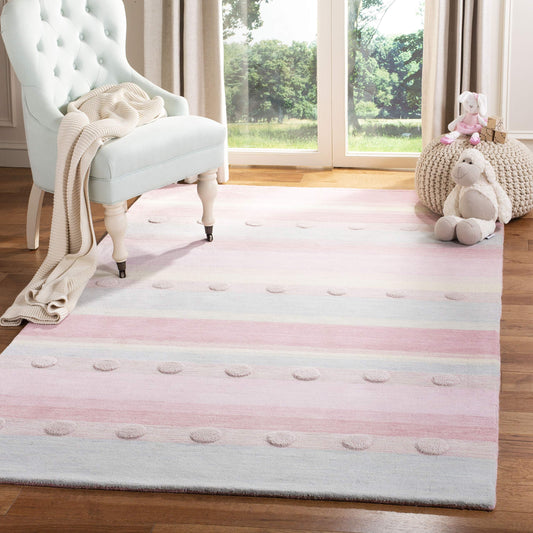 SAFAVIEH Kids Collection Area Rug - 6' x 9', Light Blue & Pink, Handmade Stripe Wool, Ideal for High Traffic Areas in Living Room, Bedroom (SFK801M)