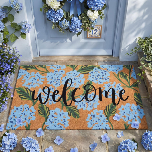 Jenaai Hydrangea Outdoor Welcome Doormat, 16 x 29 Inches Floral Front Coir Door Mat with Summer Design, Non Slip Outdoor Rug for Entryway Patio Porch Indoor Decor
