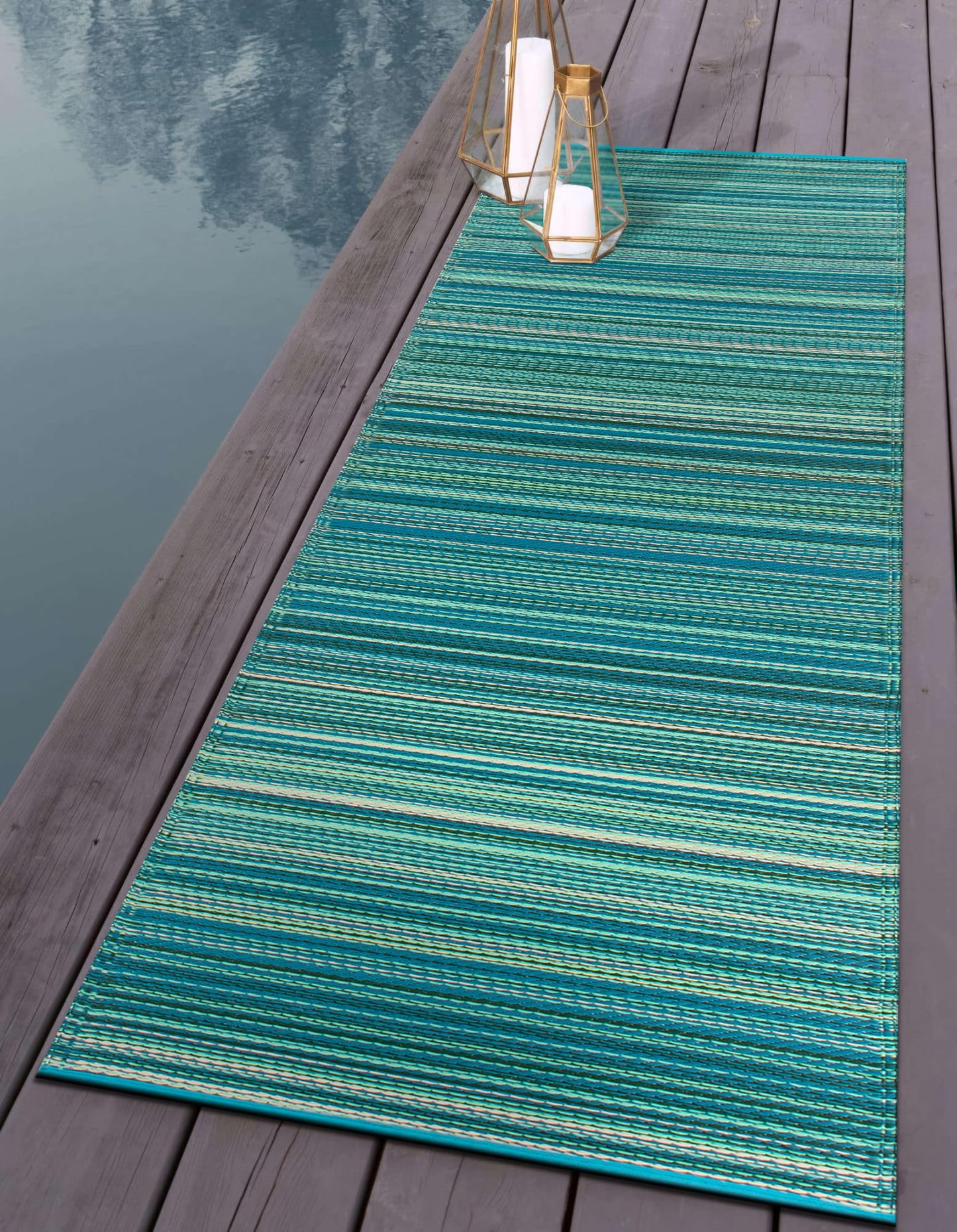 Rugshop Contemporary Stripe Reversible Crease-Free Waterproof Premium Recycled Plastic Outdoor Rugs for Patio,Backyard,RV,Deck,Picnic,Trailer,Beach,Camping Rug 2' 7" X 8' Blue