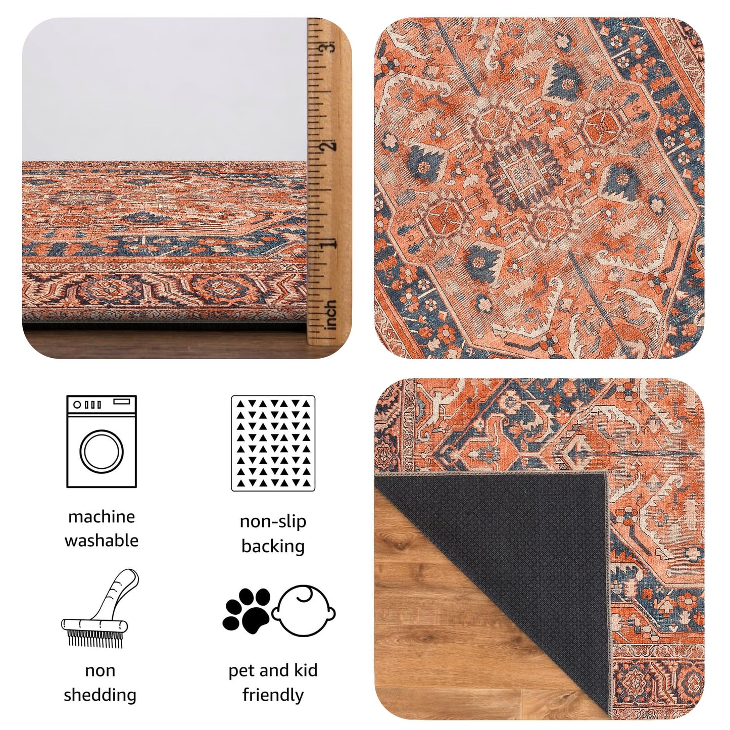 Keen Home Design 48"x72" Rug - Machine Washable Area Rug with Non-Slip Backing, Ideal for Living Room, Dining Room, Bedroom - Vintage, Easy Clean, Durable, Low Pile Rug - (4' x 6')