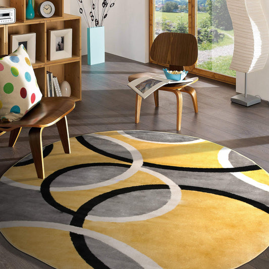 Rugshop Contemporary Abstract Circles Round Rug, Carpet with Jute Backing for Dining Room, Living Room, or Breakfast Nook, Yellow, 6'6" Round