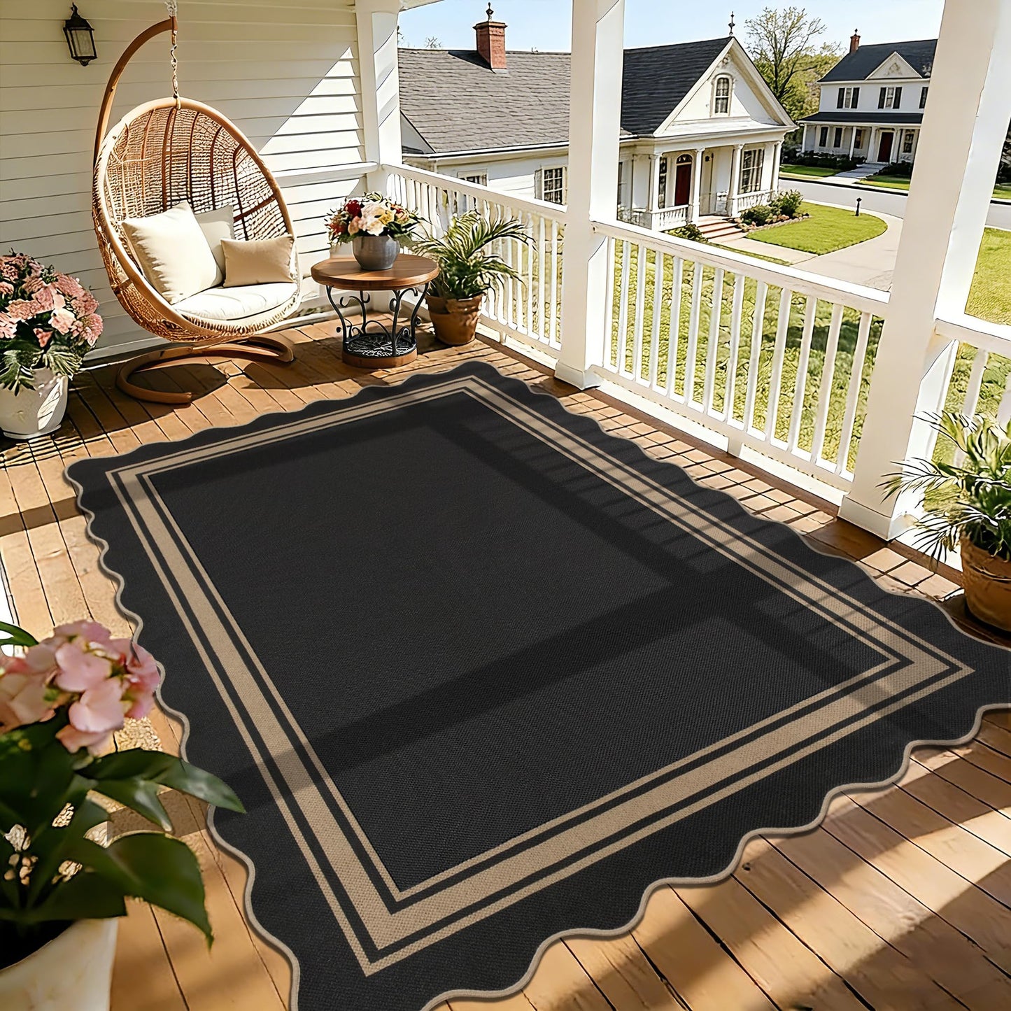 5x7 Scalloped Rug Easy Jute Washable Outdoor Patio Rug for Living Room Indoor Outdoor Black Geometric Neutral Carpet for Backyard Patio Dining Room