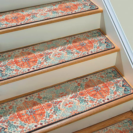 Boho Stair Treads Non Slip - Carpet Stair Treads for Wooden Steps Indoor, Stair Rugs for Kids, Elders and Dog, Stair Runners for Wooden Steps, 15 pcs