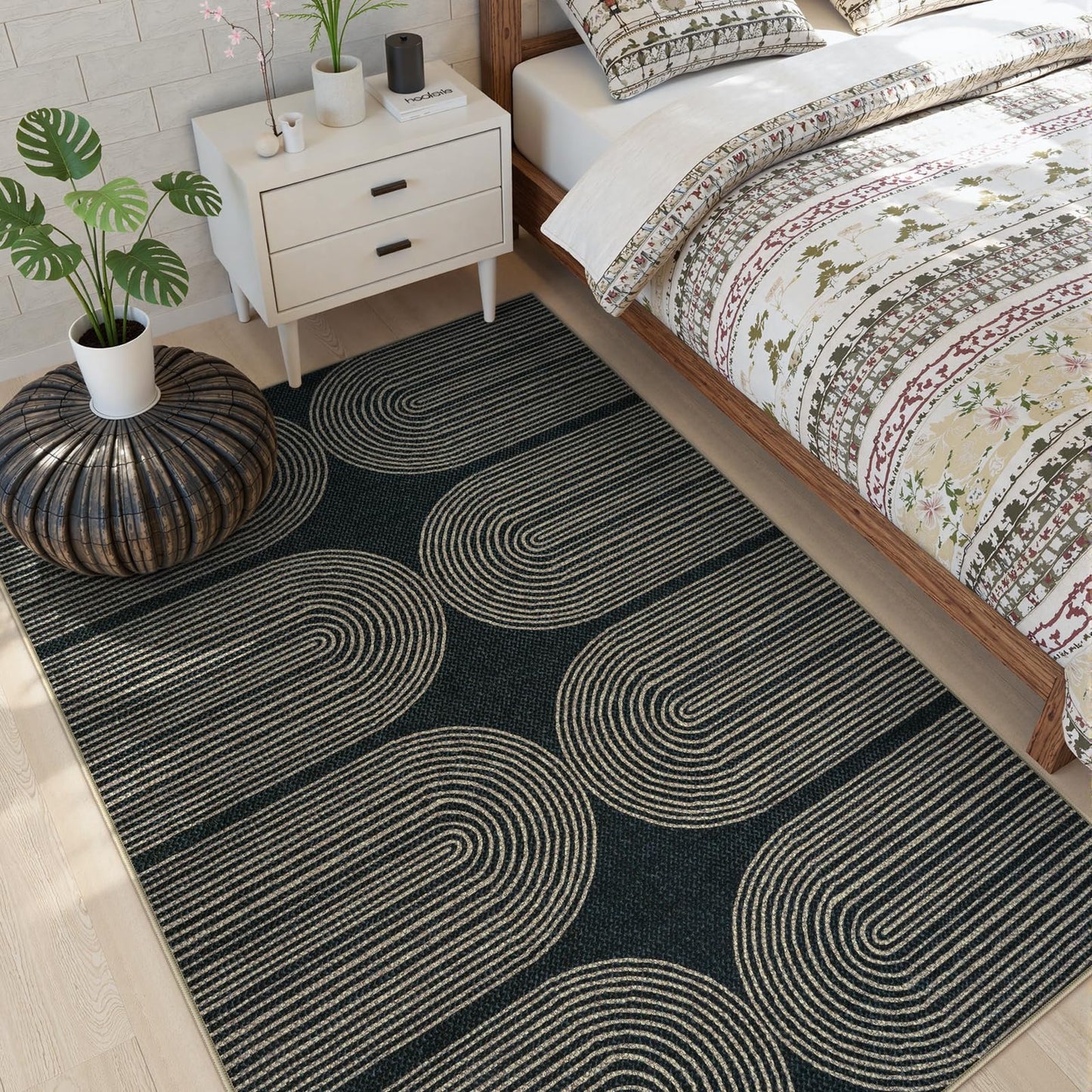 LIVEBOX Rainbow Easy Jute Outdoor Rug 5x7, Washable Area Rugs for Living Room Patio Farmhouse Indoor Outdoor Rug, Non Slip Modern Neutral Floor Carpet for Office Backyard Office Foyer (5'x7', Black)
