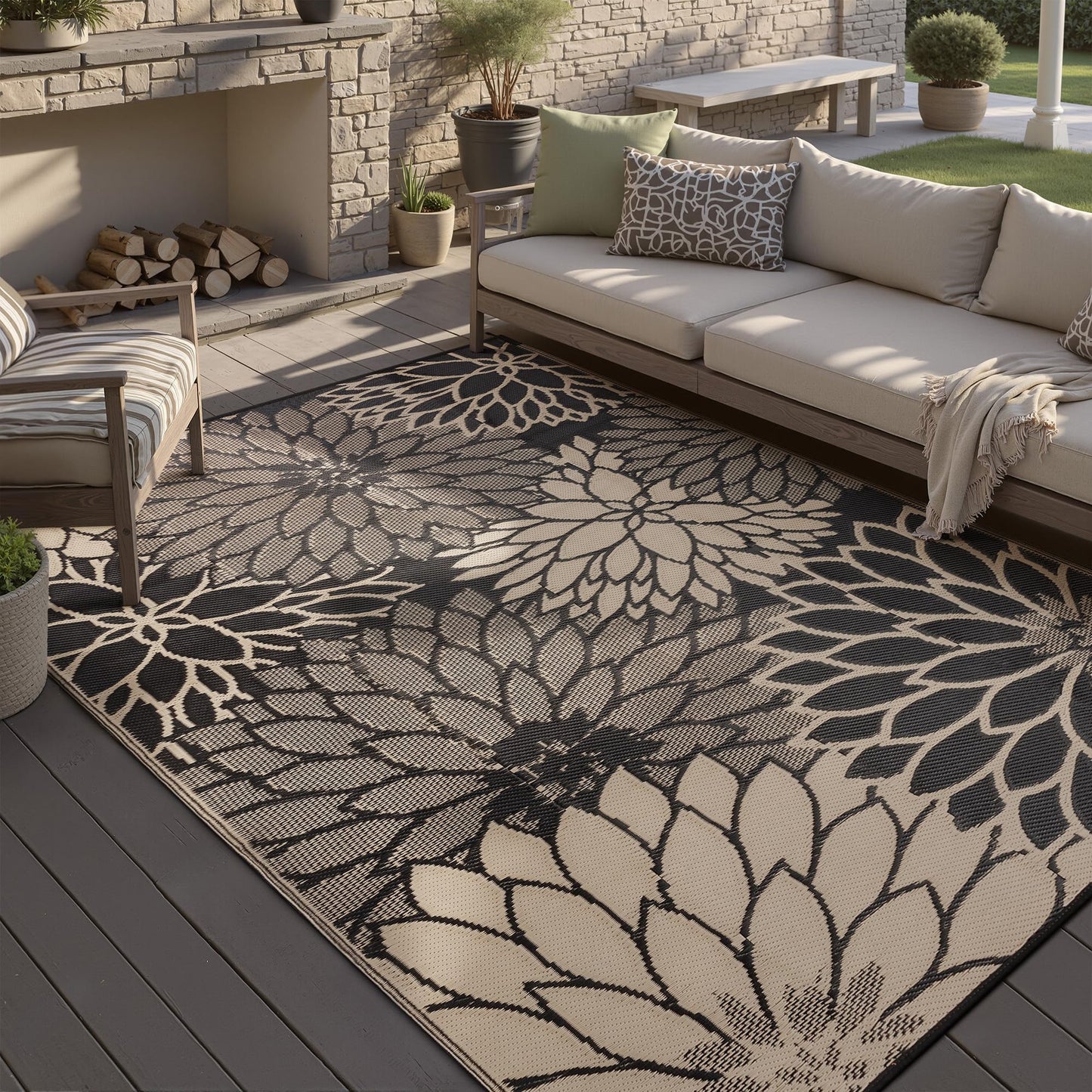 HUGEAR 5'x8' Outdoor Rug Waterproof Plastic Straw Rugs Brown Reversible Floral Mat Floor Carpet for Camping RV Deck Entryance Porch Picnic Balcony Beach Backyard