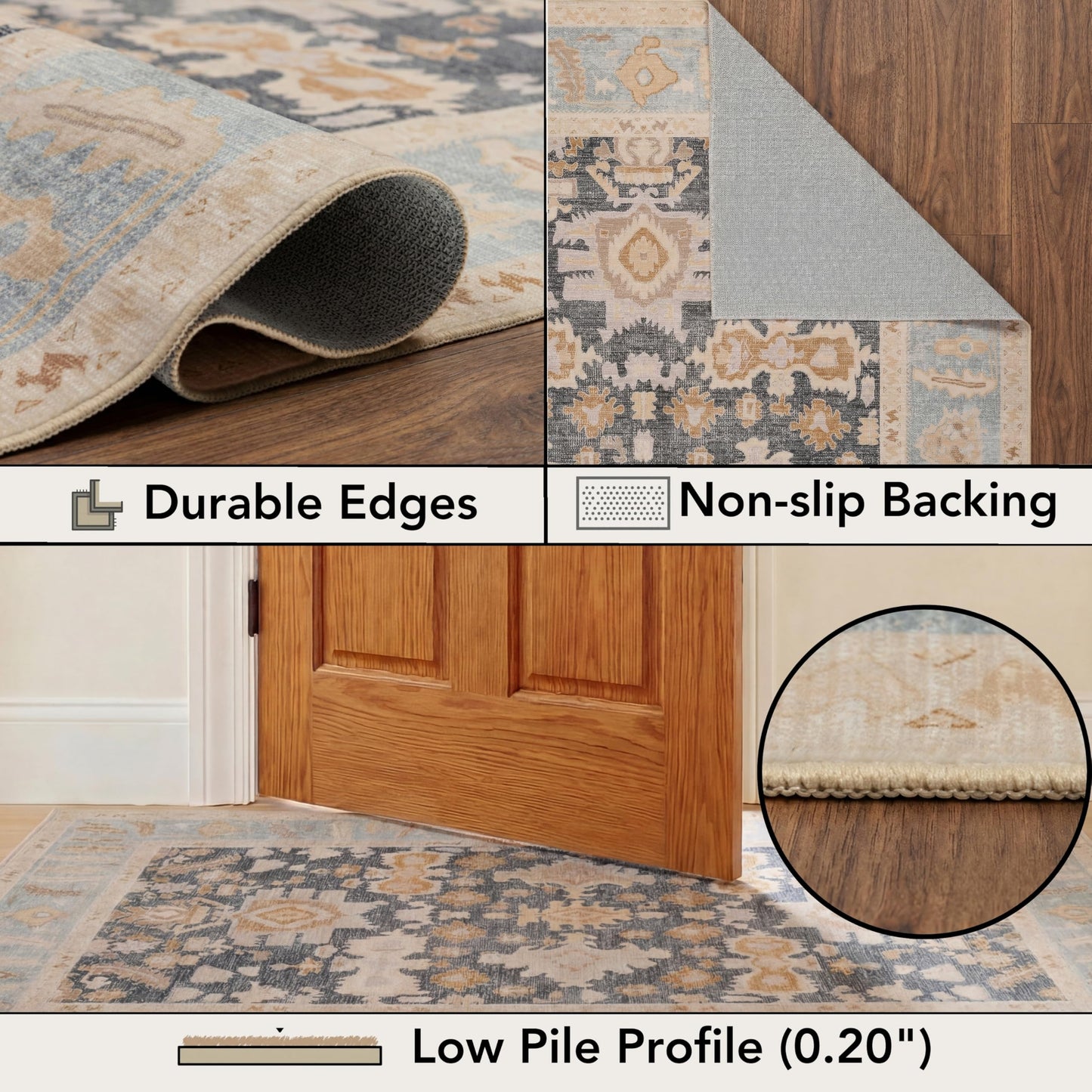 Kuden 8x10 Large Area Rug, Machine Washable Area Rug with Non-Slip Backing, Vintage Style, Soft, Easy Clean, Low Pile Rug for Living Room, Bedroom, Dining Room