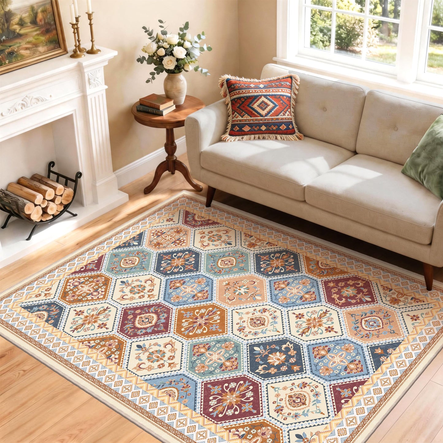 TTelephant 4x6 Area Rug, Soft Non-Slip Boho Moroccan Rug, Low-Pile Printed Indoor Washable Area Rugs for Living Room, Bedroom Bedside, Entryway, Kitchen - Multi