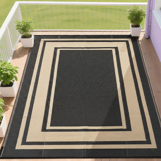 RURALITY Outdoor Rugs 5x8 Waterproof for Patios Clearance,Plastic Straw Mats for Backyard,Porch,Deck,Balcony,Reversible,Black and Beige