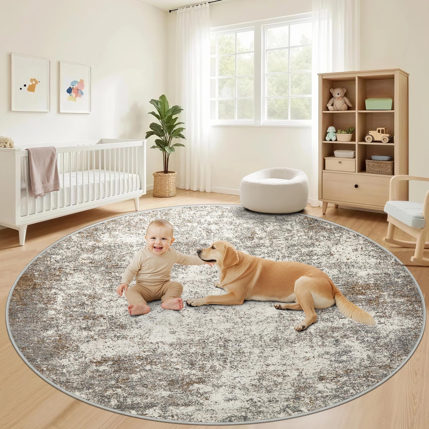 8ft Washable Round Rug - 8x8 Area Rugs Modern Abstract Rugs for Living Room Non-Slip Low Pile Soft Machine Washable Carpet for Bedroom, Living Room, Dining Room, Nursery, Farmhouse (8'x8' Brown Grey)