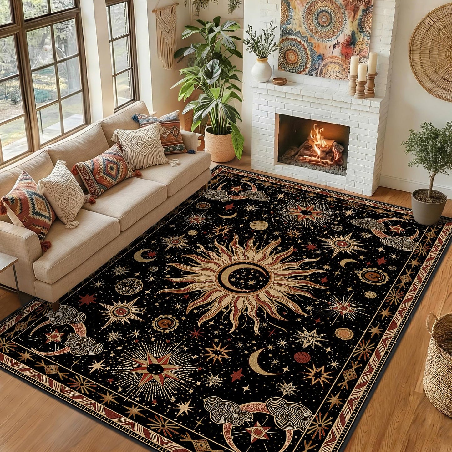 meejou 8x10 Area Rugs, Washable Vacuum-Friendly Non-Slip Rug Vintage Boho Gothic Sun and Moon Printed Pattern Low Pile Carpet for Living Room Bedroom Dining Room Hallway Entryway,Black Gold Beige Red