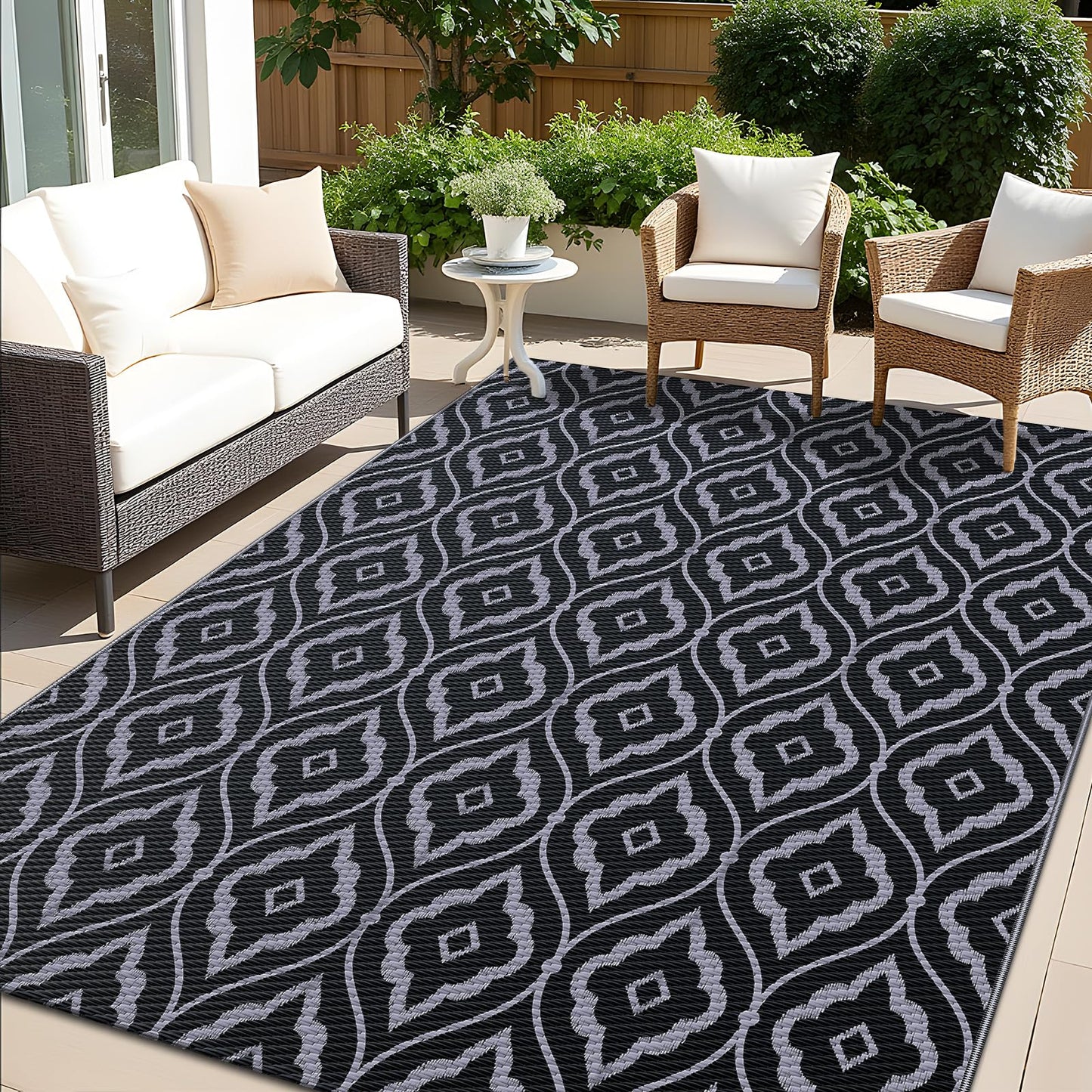 OLANLY Outdoor Rug 6x9 ft Waterproof, Outdoor Plastic Straw Rug with Geometric Pattern Clearance, Reversible RV Mat for Patio, Camping, Balcony, Deck, Backyard, Black & Grey