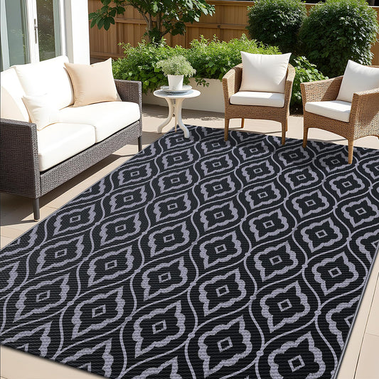 OLANLY Outdoor Rug 6x9 ft Waterproof, Outdoor Plastic Straw Rug with Geometric Pattern Clearance, Reversible RV Mat for Patio, Camping, Balcony, Deck, Backyard, Black & Grey
