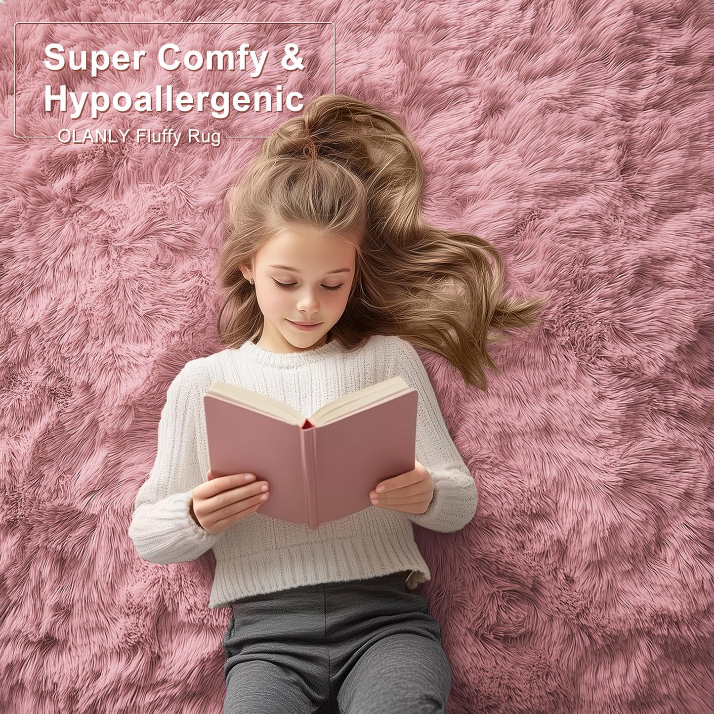 OLANLY 5x7 Machine Washable Large Area Rugs for Living Room, Bedroom, Soft Fluffy Shaggy Bedside Rug, Indoor Floor Carpet for Kids Girls and Boys, Dorms, Nursery, Home Decor Aesthetic, Pale Pink