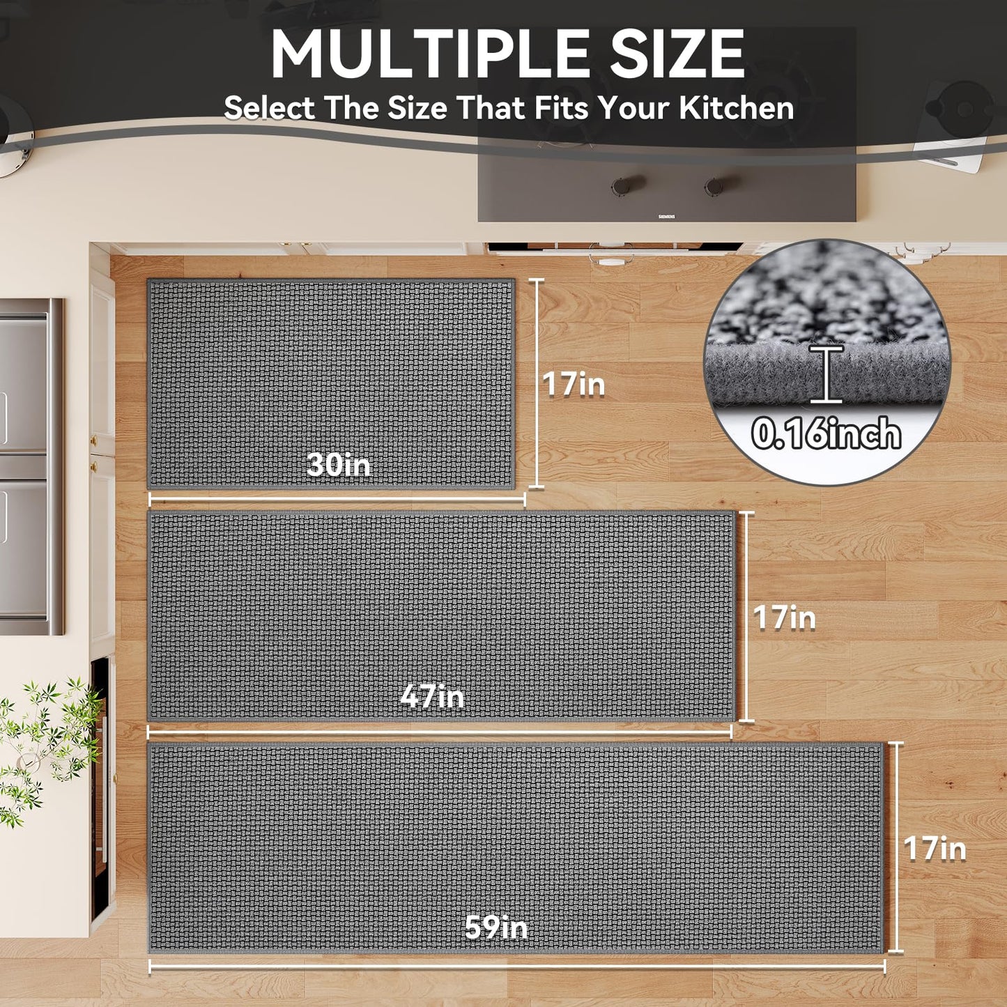 QiCaiJia Kitchen Rugs and Mat Non Slip Washable, Super Absorbent Kitchen Mats for Floor, Rubber Backing Soft Braided Standing Kitchen Sink Mat Kitchen Runner, Front of Sink, Easy Clean, Grey 17"x30"