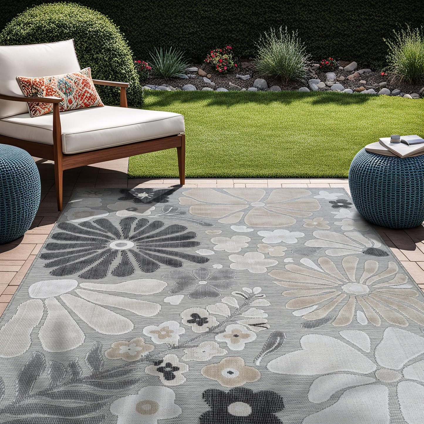 Beverly Rug Outdoor Rug 5x7 Modern Floral Tropical Area Rugs for Outdoor and Indoor Patio Easy to Clean Non Shedding Living Room Porch Garden Washable Outside Carpet (5 x 7 Beige)
