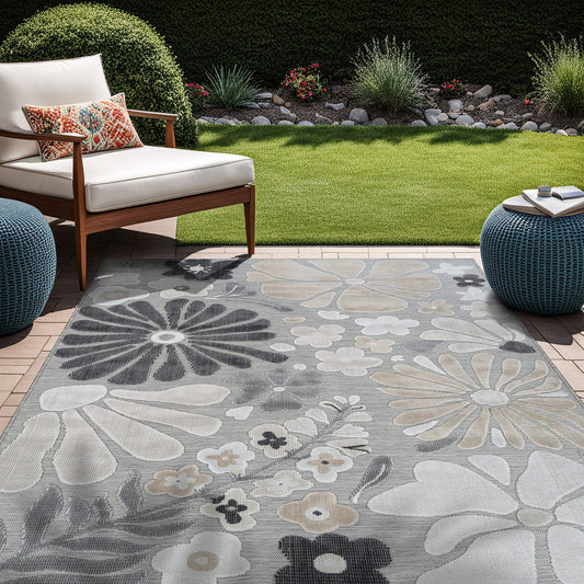 Beverly Rug Outdoor Rug 5x7 Modern Floral Tropical Area Rugs for Outdoor and Indoor Patio Easy to Clean Non Shedding Living Room Porch Garden Washable Outside Carpet (5 x 7 Beige)