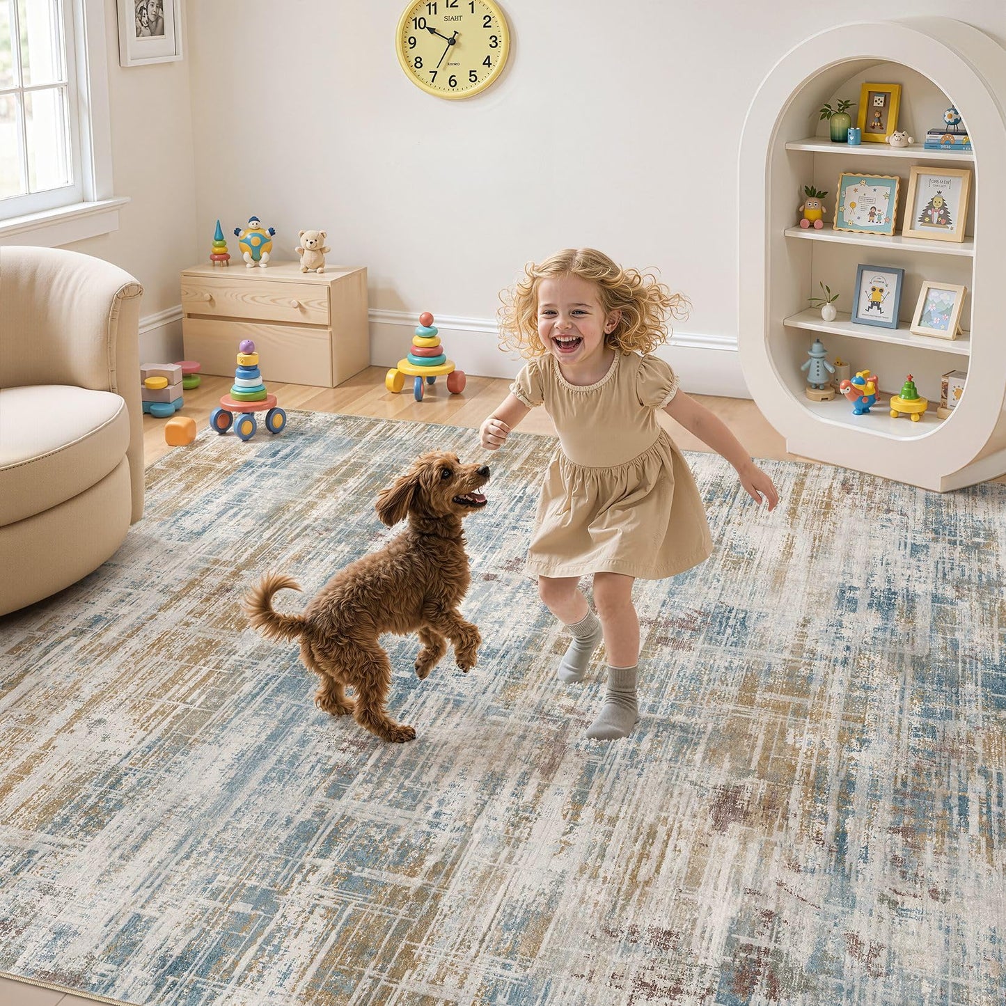 UERMEI 10x12 Area Rug for Living Room: Washable Modern Neutral Abstract Large Soft Low Pile Carpet Non-Slip Pet Kids Friendly Indoor Decor for Bedroom Dining Room Home Office Nursery Blue Brown