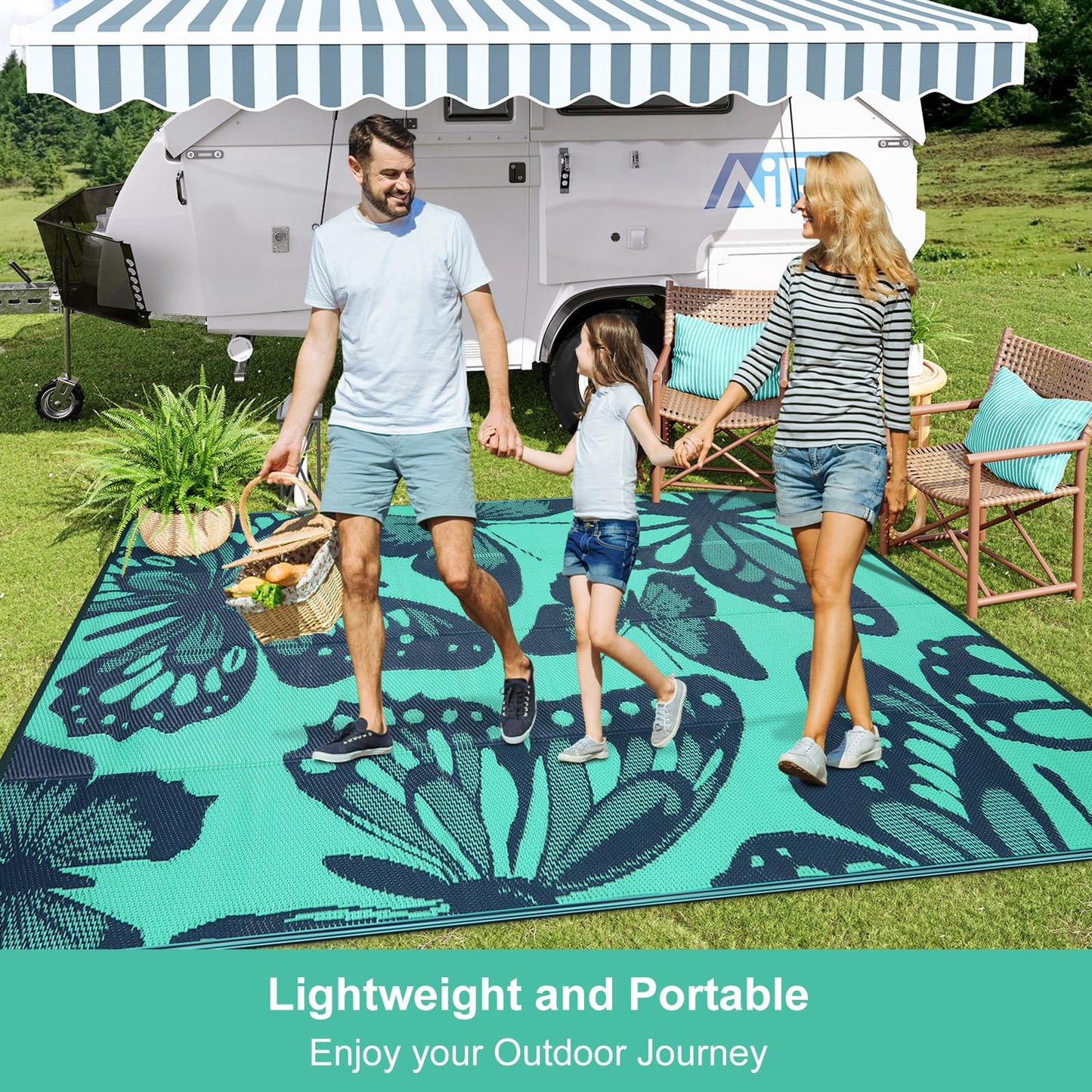 Uphome Outdoor Rug Waterproof 8x10 ft, Patio Plastic Straw Rugs for RV Camping, Reversible Mat Outside, Indoor Outdoor Large Floor Carpet for Back Yard Deck Balcony Porch Beach Picnic, Teal