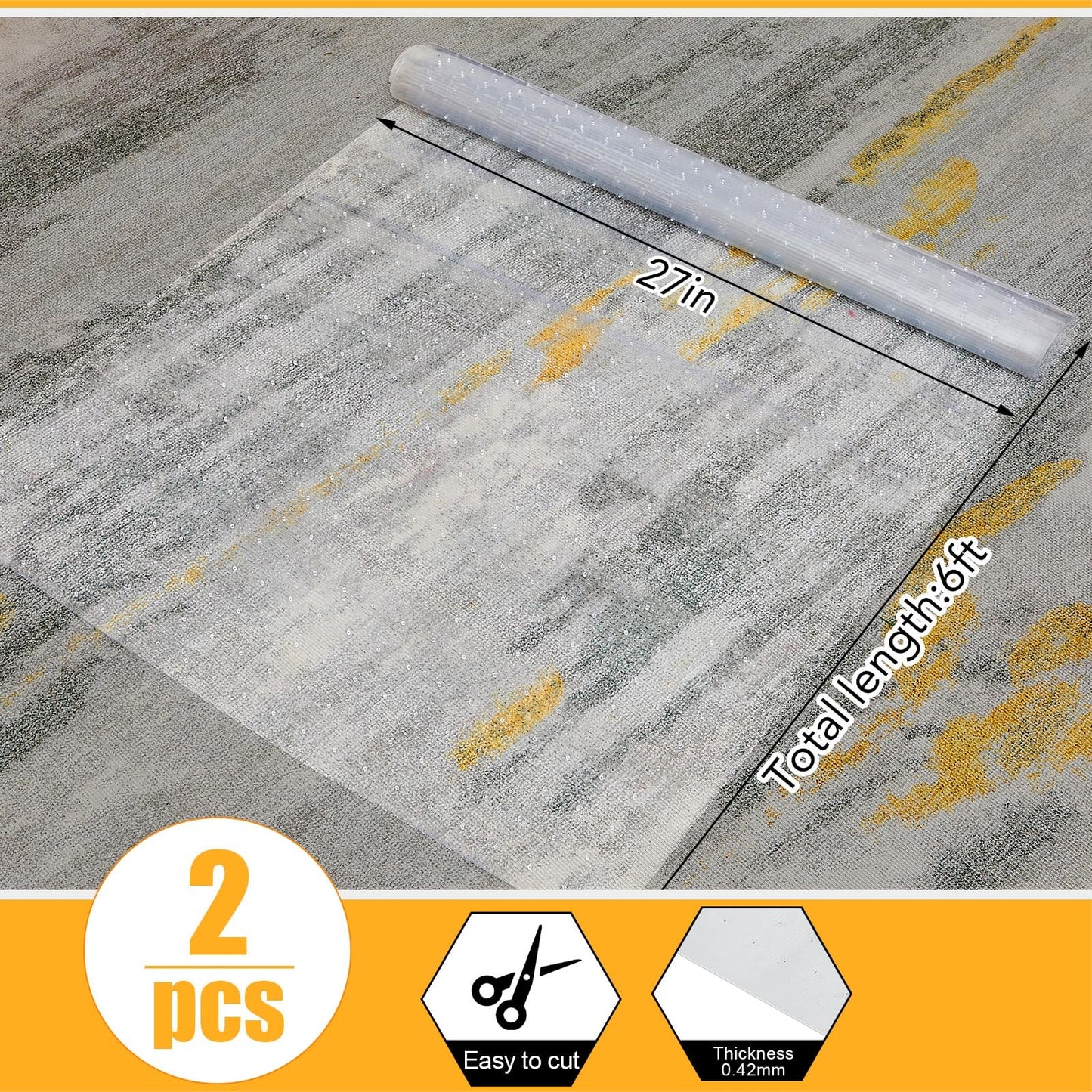 Tinideya 2 Rolls 27 in x 6 ft x 0.017 in Clear Plastic Floor Protector PVC Runner with Grippers Non Slip Stain Resistant Floor Mat Ribbed Covering for Carpet Rug High Traffic Hallway Entrance