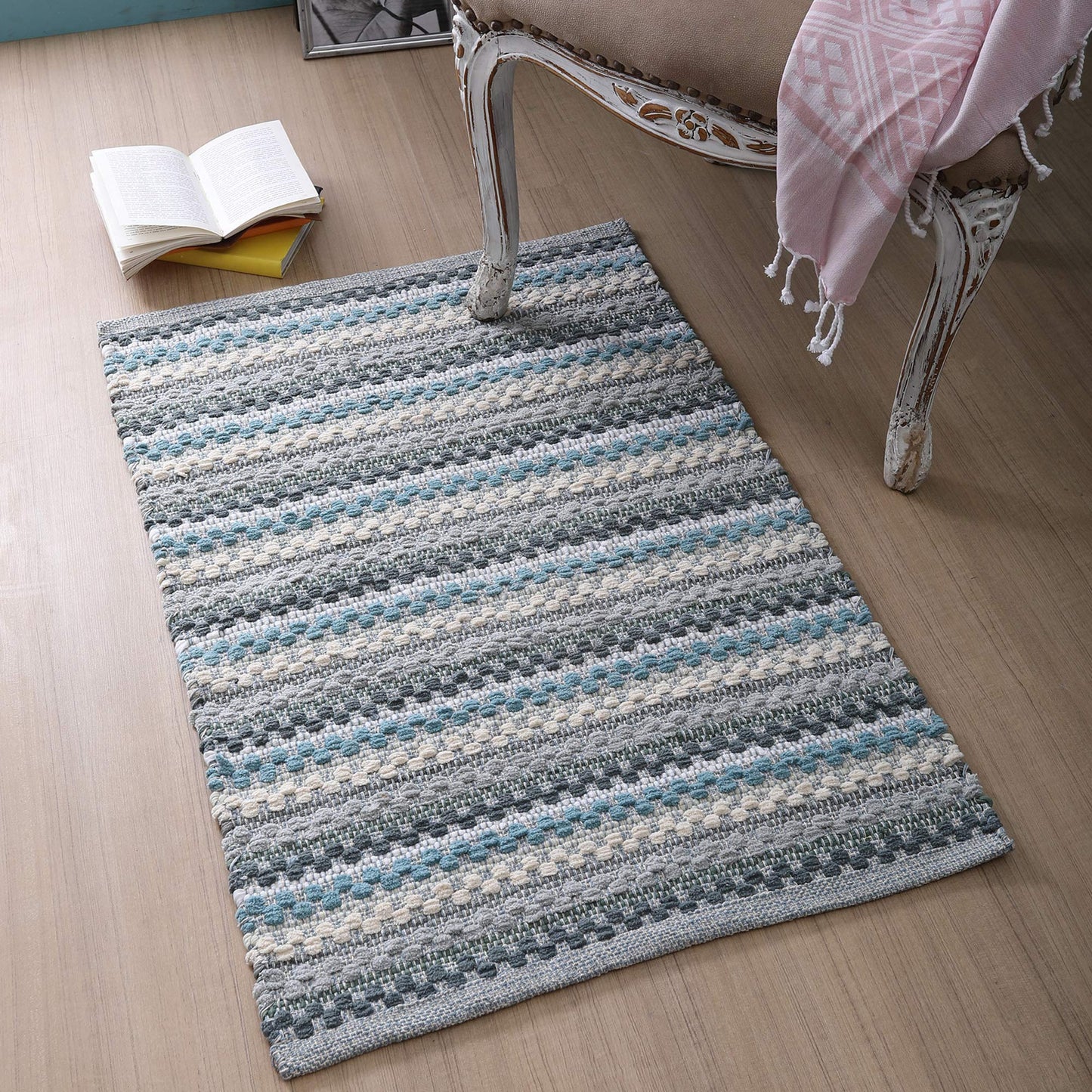 Cotton Chenille Hand Woven Area Rug 2x3 Feet - Aqua Combo, Reversible Quick Water Absorbent Accent Floor Rugs Ideal for Bathroom, Kitchen, Bedroom | Spa Blue Soft Washable Durable Mat for Home Décor
