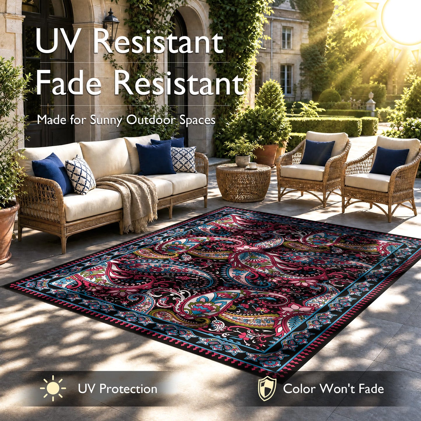 Arenarug Paisley Outdoor Rug Waterproof 4x6, UV Resistant Non Slip Patio Rug, Indoor Outdoor Boho Camping Rug Linen-Look RV Carpet for Deck Balcony Backyard, Magenta‌
