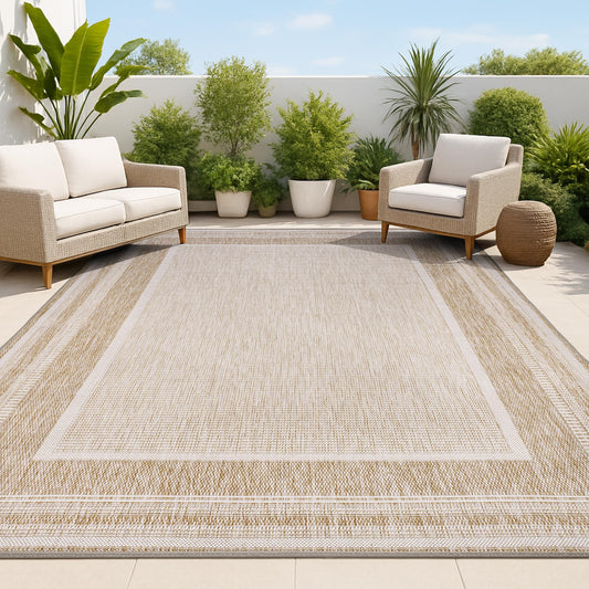 JONATHAN Y Border Stripe Indoor Outdoor Area Rug 4X6 Beige/Cream, Beckett Classic Casual for Backyard, Patio, Porch, Easy-Cleaning, High Traffic, Pet-Friendly, Non-Shedding (TSN208A-4)