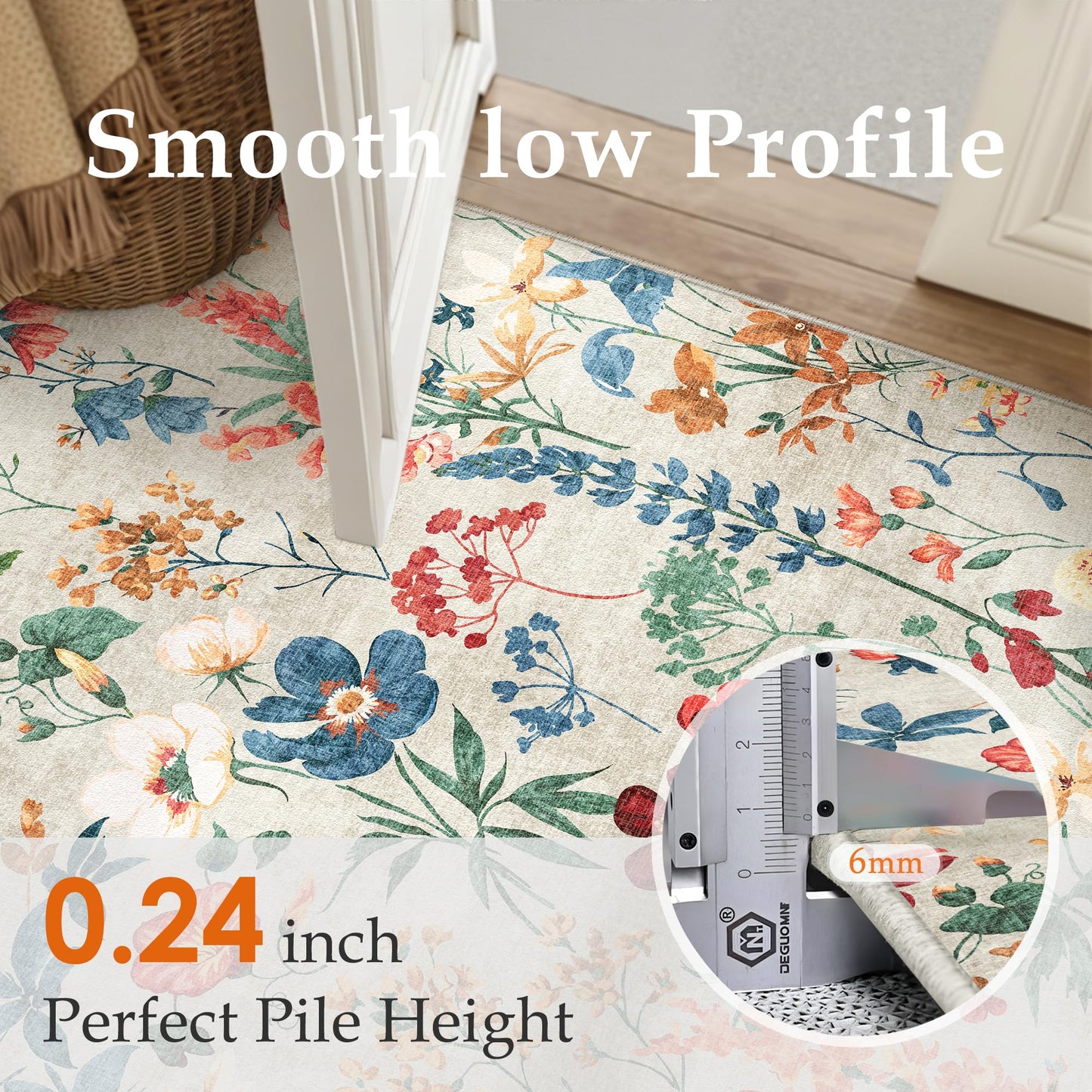 PureCozy Beige Area Rug 8x10 Floral Washable Living Room Kitchen Boho Carpet Non Slip Low Pile Indoor Accent Lightweight Soft Throw Rug for Bedroom Office Dining Room Nursery Farmhouse