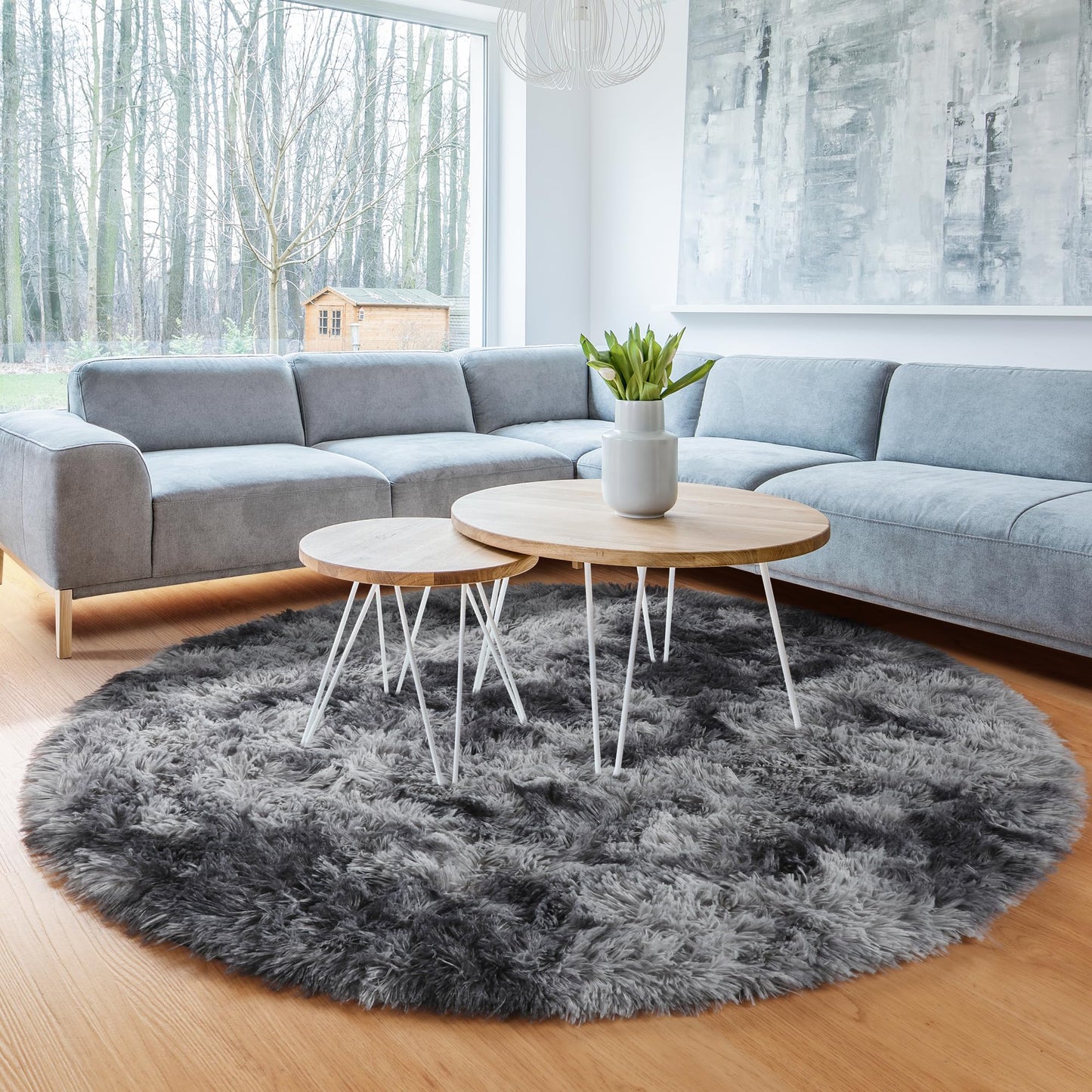 ONASAR Tie-Dyed Dark Grey Round Area Rugs 5ft, Ultra Soft Bedroom Circle Rug for Kids Girls Teen Room, Fluffy Plush Shaggy Carpet Floor Mats for Baby Nursery Living Room Playroom Home Decor