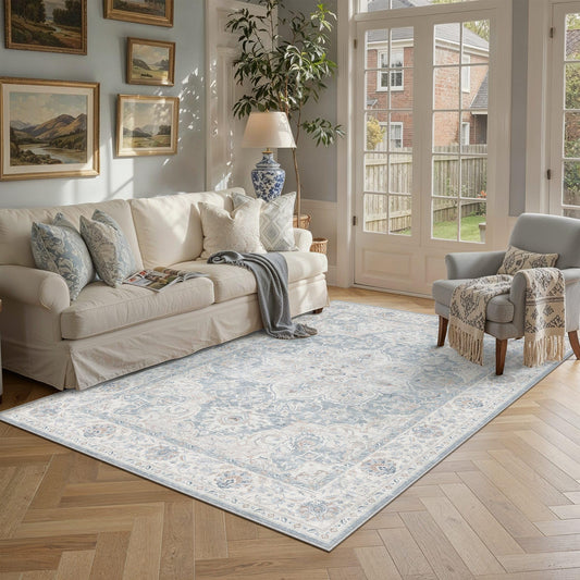 HUGEAR 5x7 Washable Area Rugs for Living Room Bedroom Blue Vintage Large Soft Carpet Rug Non-Shedding & Non-Slip Low Pile Indoor Home Decor Dining Room Kitchen Office Floor Mat