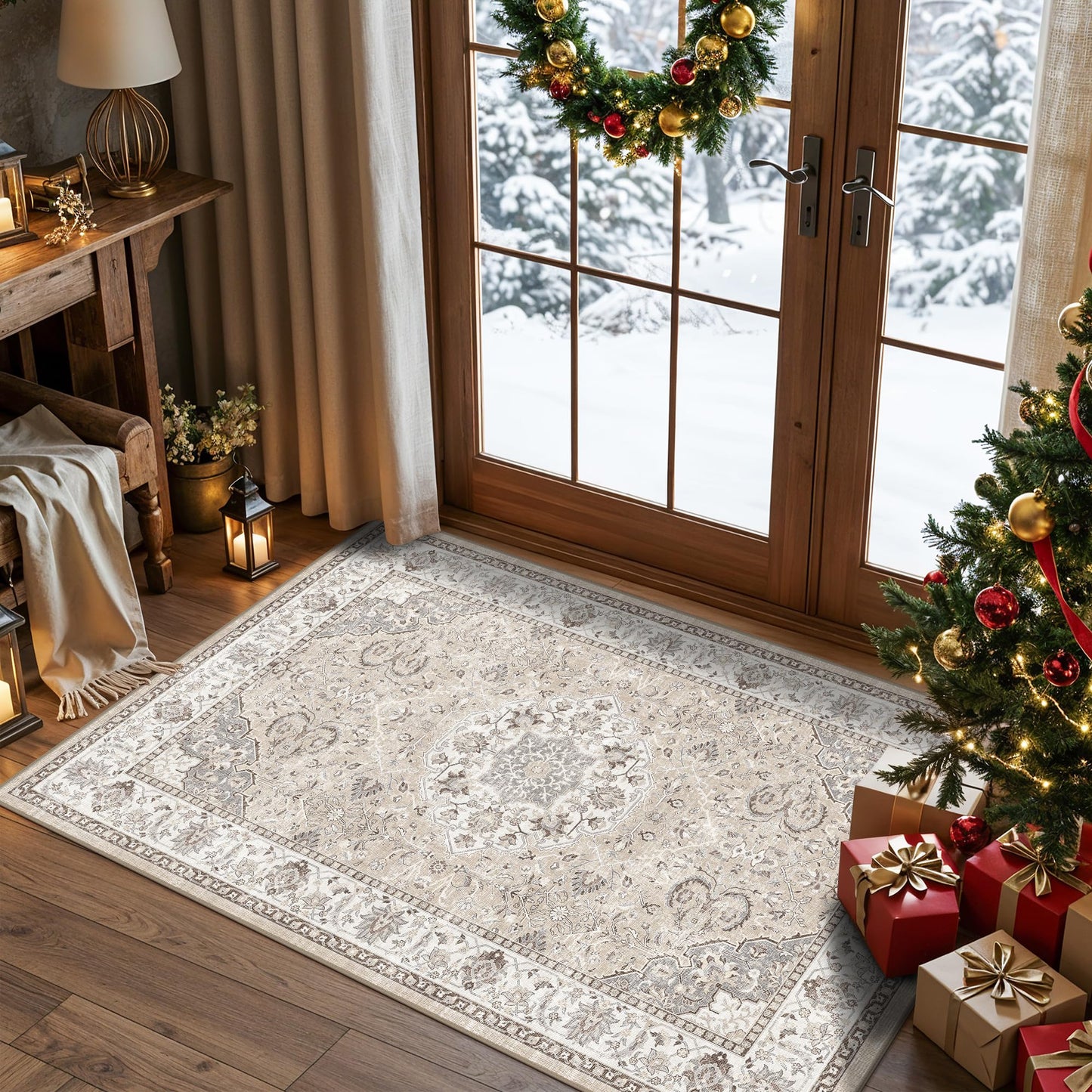 Washable Hallway 3x4 Floor Mats: Farmhouse Non-Slip Kitchen Sink Area Rug Water-Resistant Small Carpet for Living Room Bathroom Thin Soft Doormat Easy-Clean Decorative Rug for Pets Family(3x4,Beige)